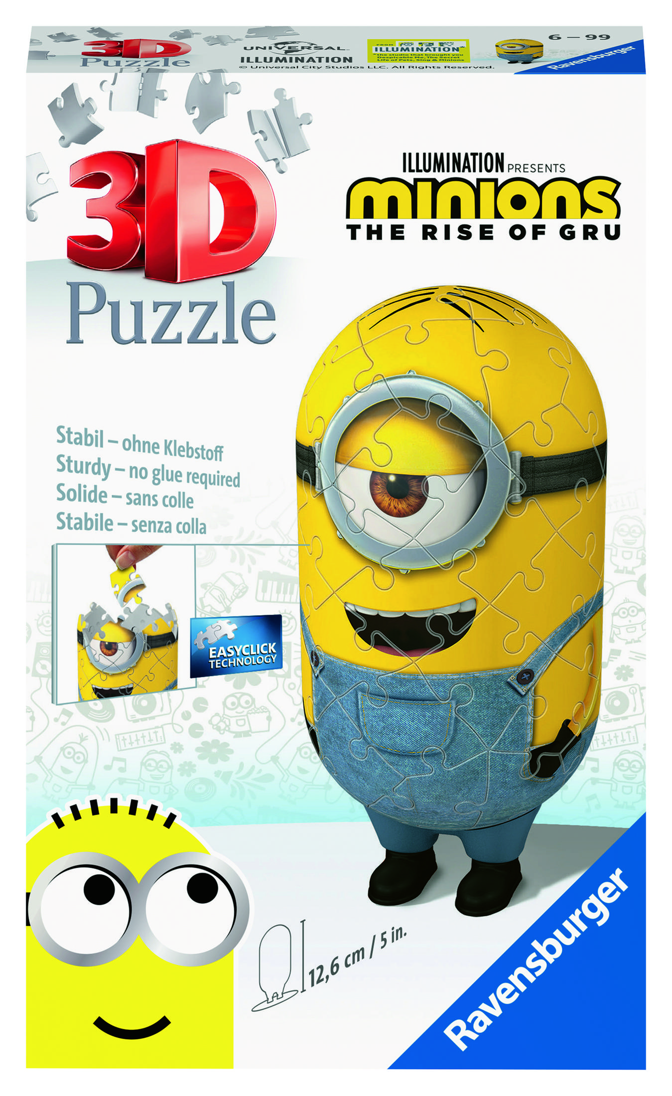 Eine Minions 3D-Puzzleschachtel zeigt einen Minion. Die Schachtel trägt den Namen des Films.