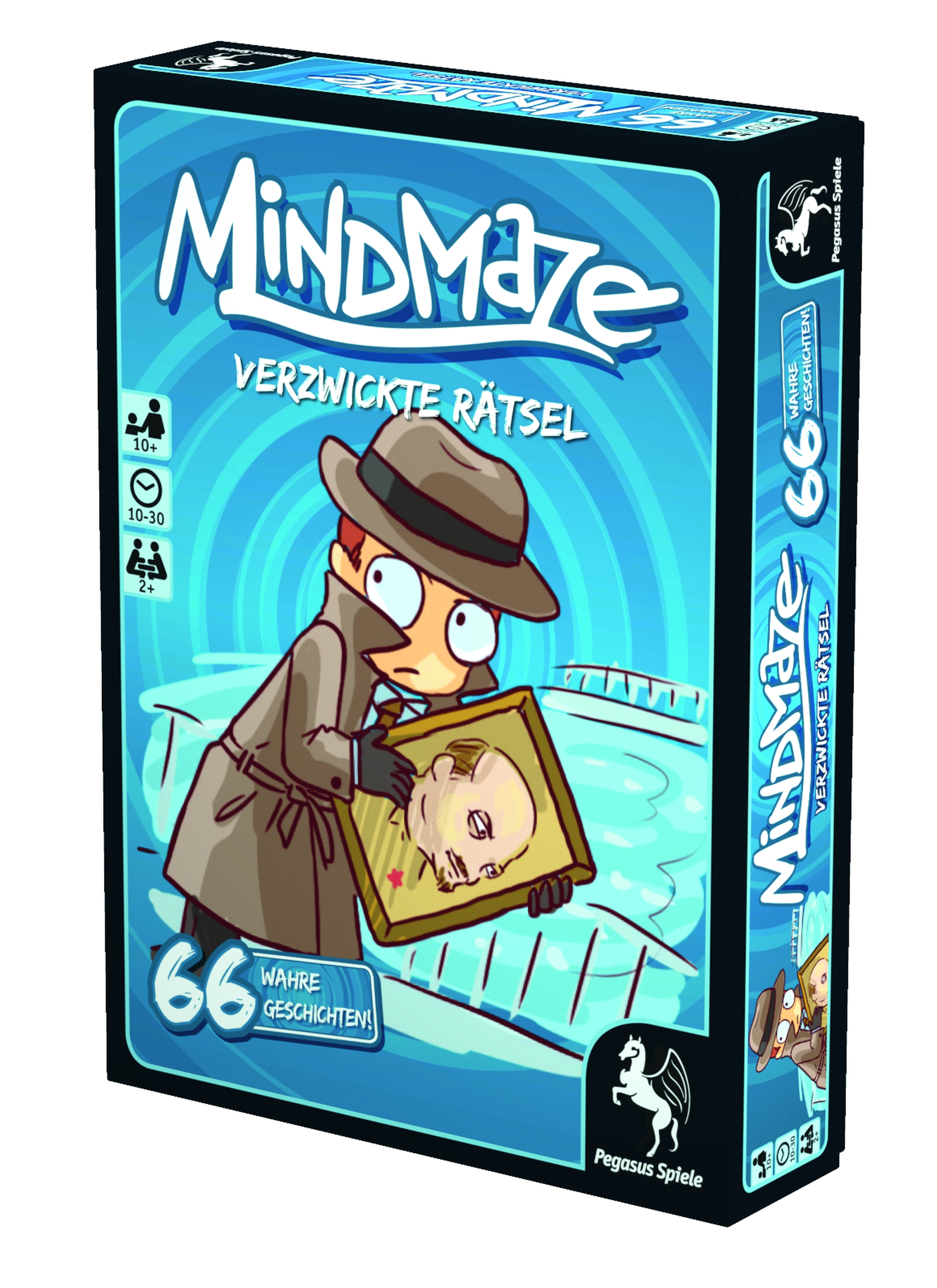 Eine Box für ein Brettspiel. Das Spiel handelt davon, Mysterien zu lösen. Es hat einen Cartoon-Stil.