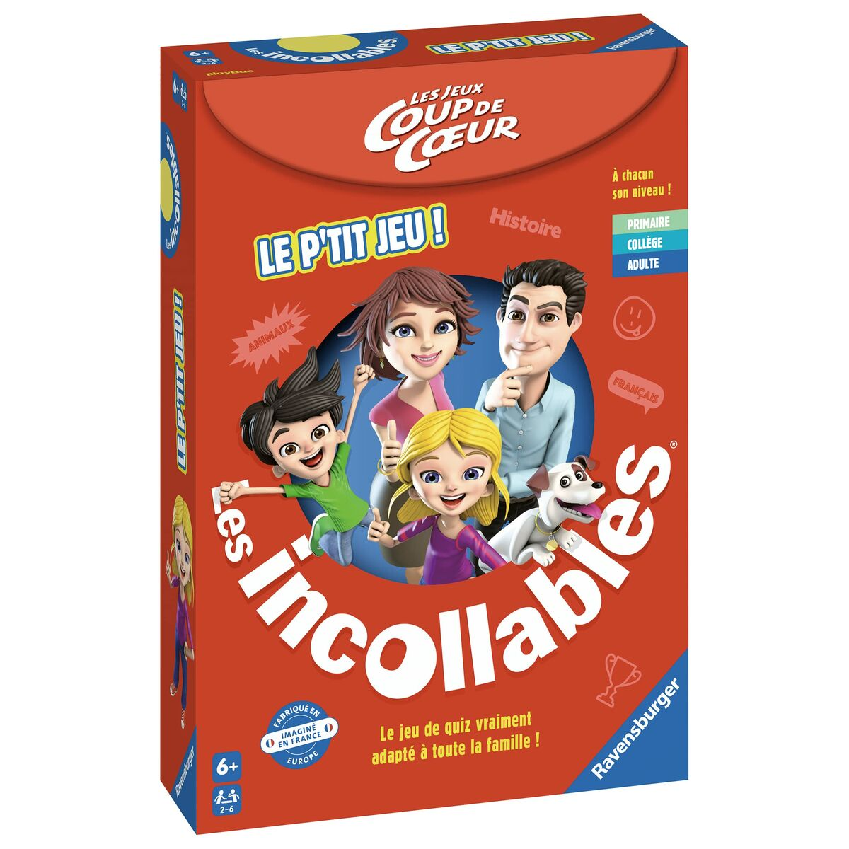 Das Bild zeigt eine Puzzle-Box mit Cartoon-Charakteren. Die Box ist rot mit dem Titel 'Les Incollables'.