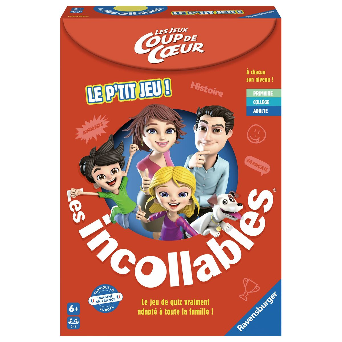 Les Incollables Kartenspielbox mit einer Familie auf der Vorderseite. Roter Hintergrund, weißer Text.