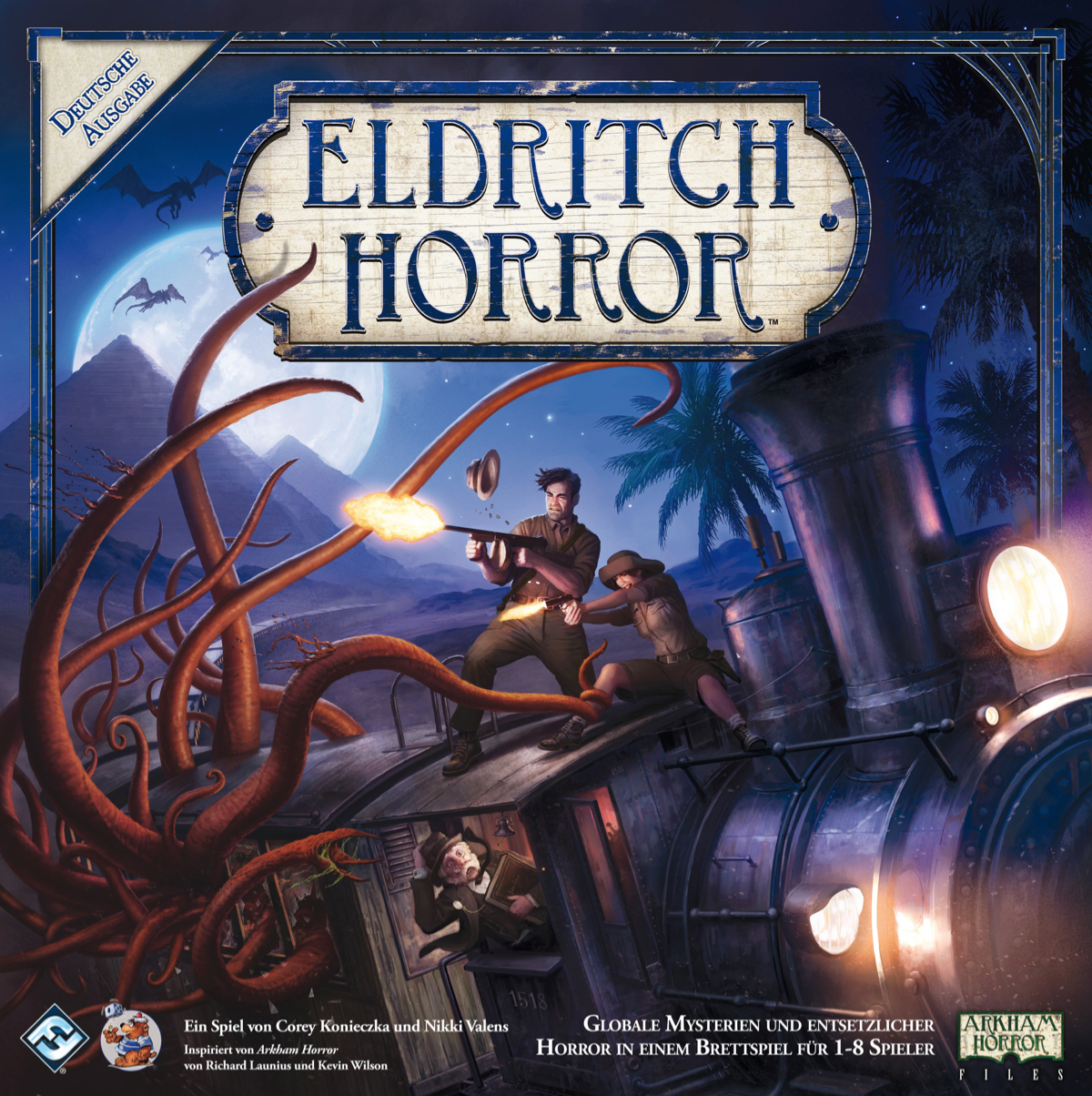 Spielbox-Illustration eines Zuges, mit Leuten, die Monster bekämpfen, unter einem Vollmond.