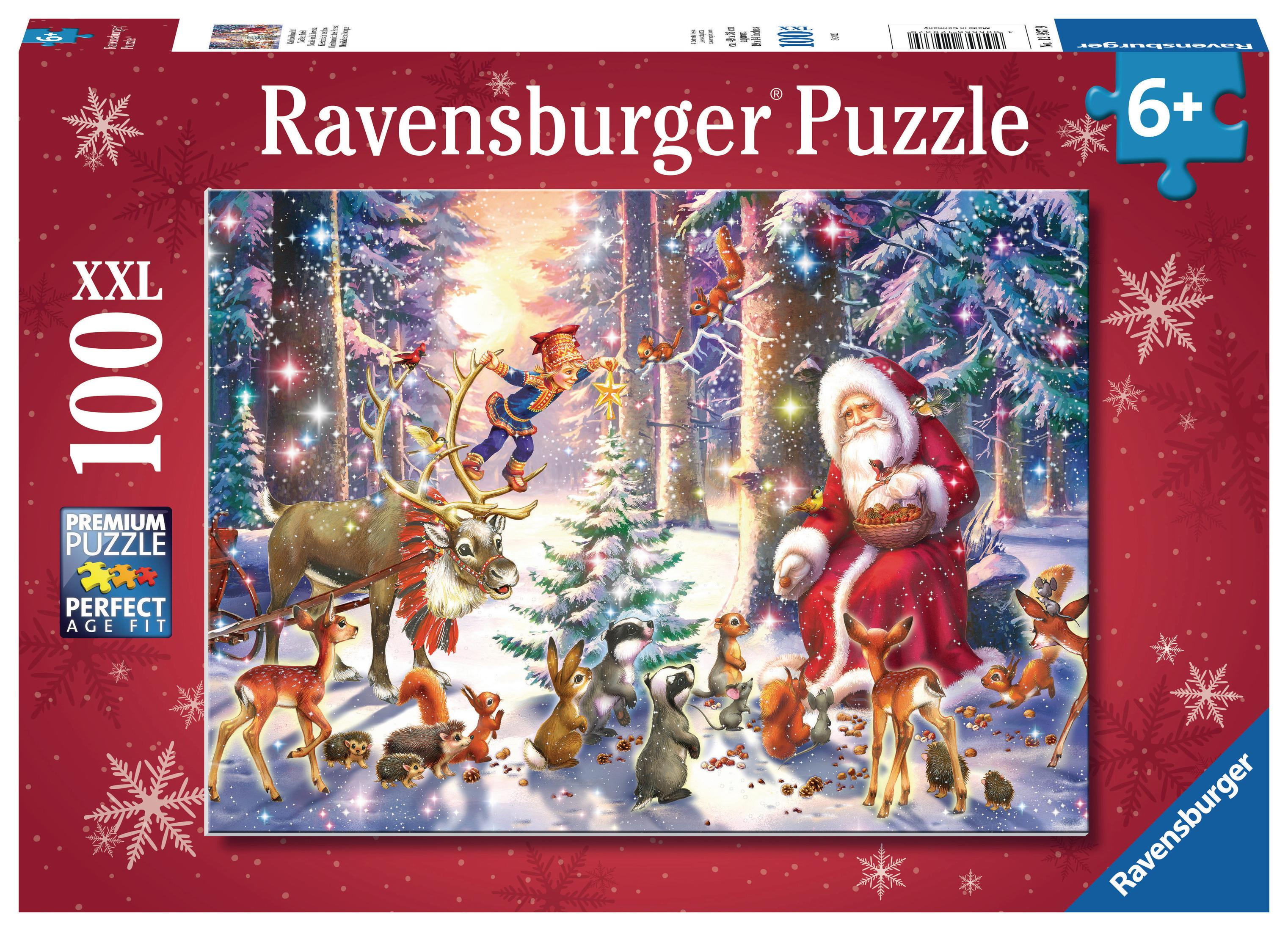 Un puzzle a tema natalizio. Babbo Natale, renne e creature del bosco in un ambiente innevato.