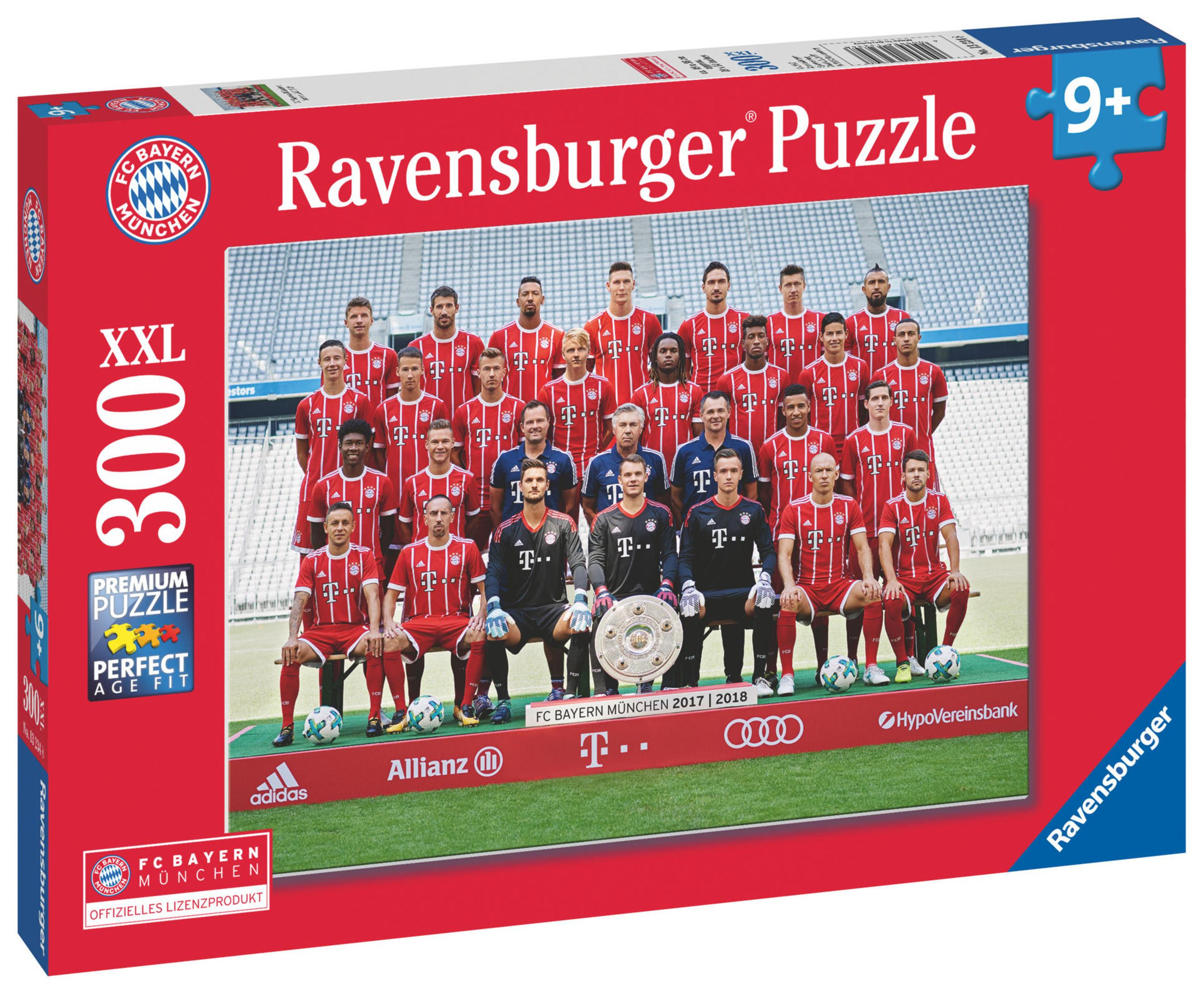 Eine Puzzleschachtel mit der Mannschaft des FC Bayern München auf der Vorderseite.