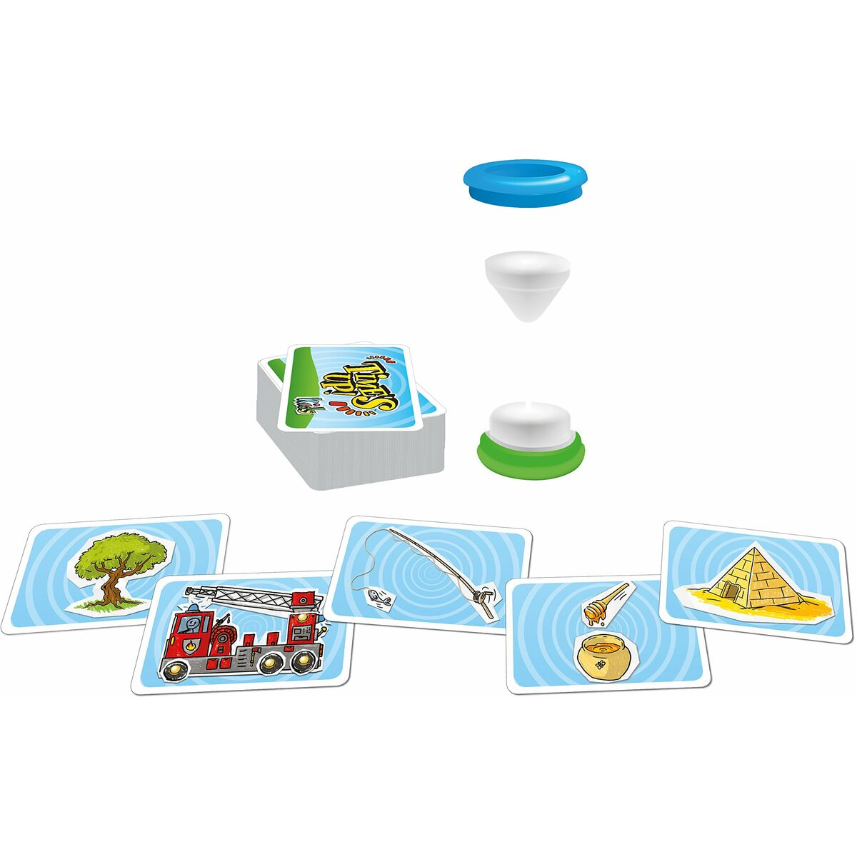 Kinderspiel mit Karten und Komponenten. Karten zeigen Objekte. Lustiges Spiel-Setup.
