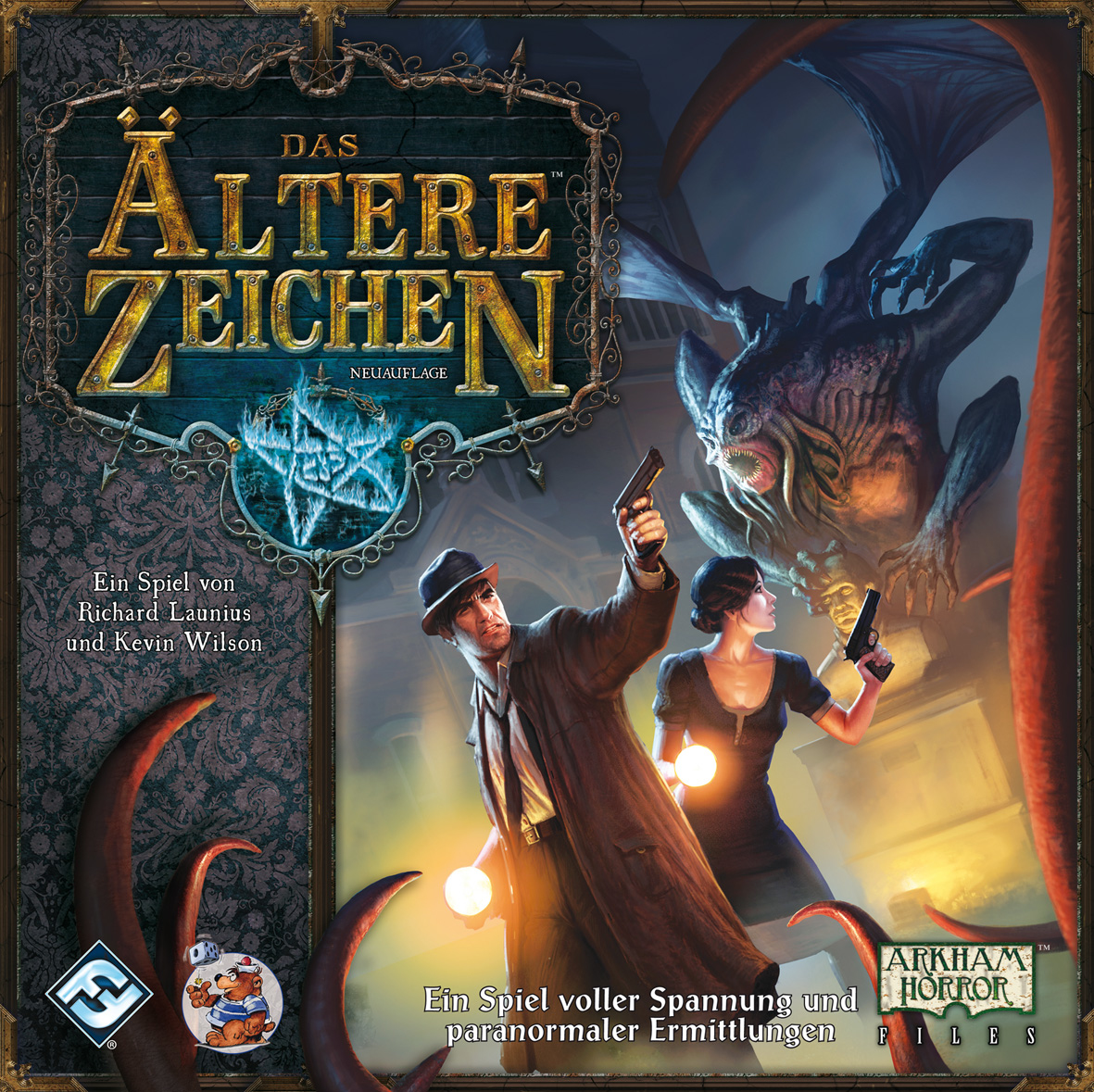 Spielbox-Cover mit einem Mann und einer Frau, die mit Waffen auf ein Monster zeigen. Der Titel lautet 'Das Ältere Zeichen'.