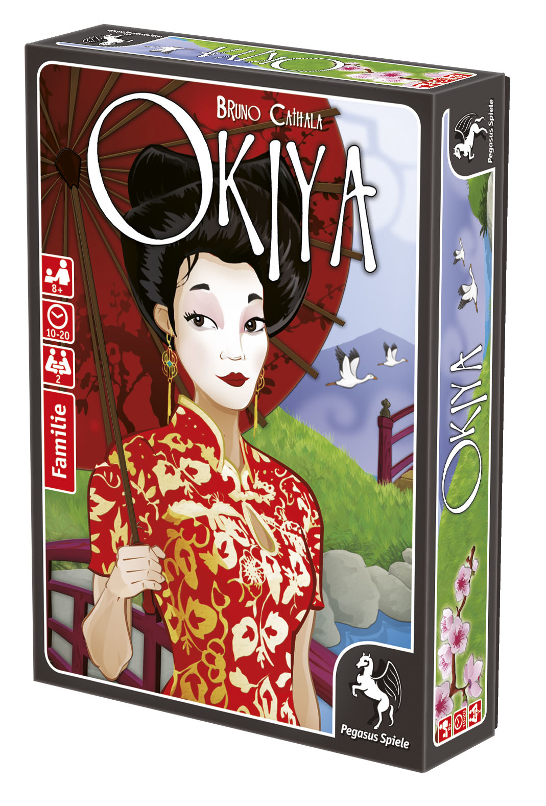 Spielbox: Okiya. Es zeigt eine Frau mit rotem Schirm und Hintergrund mit Fluss und Vögeln.