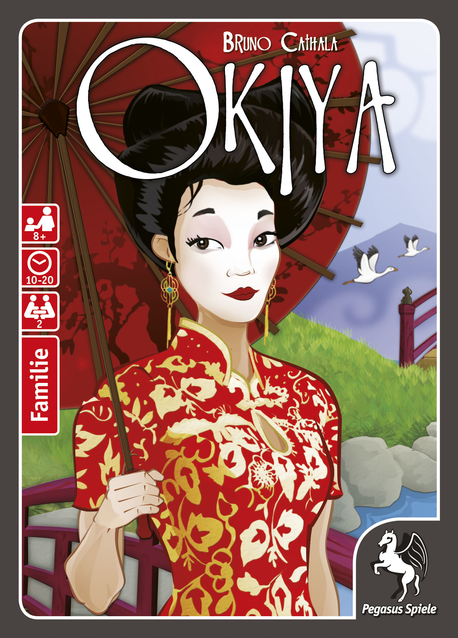 Spielekarton mit einer Frau mit rotem Schirm, Spieltitel "Okiya".