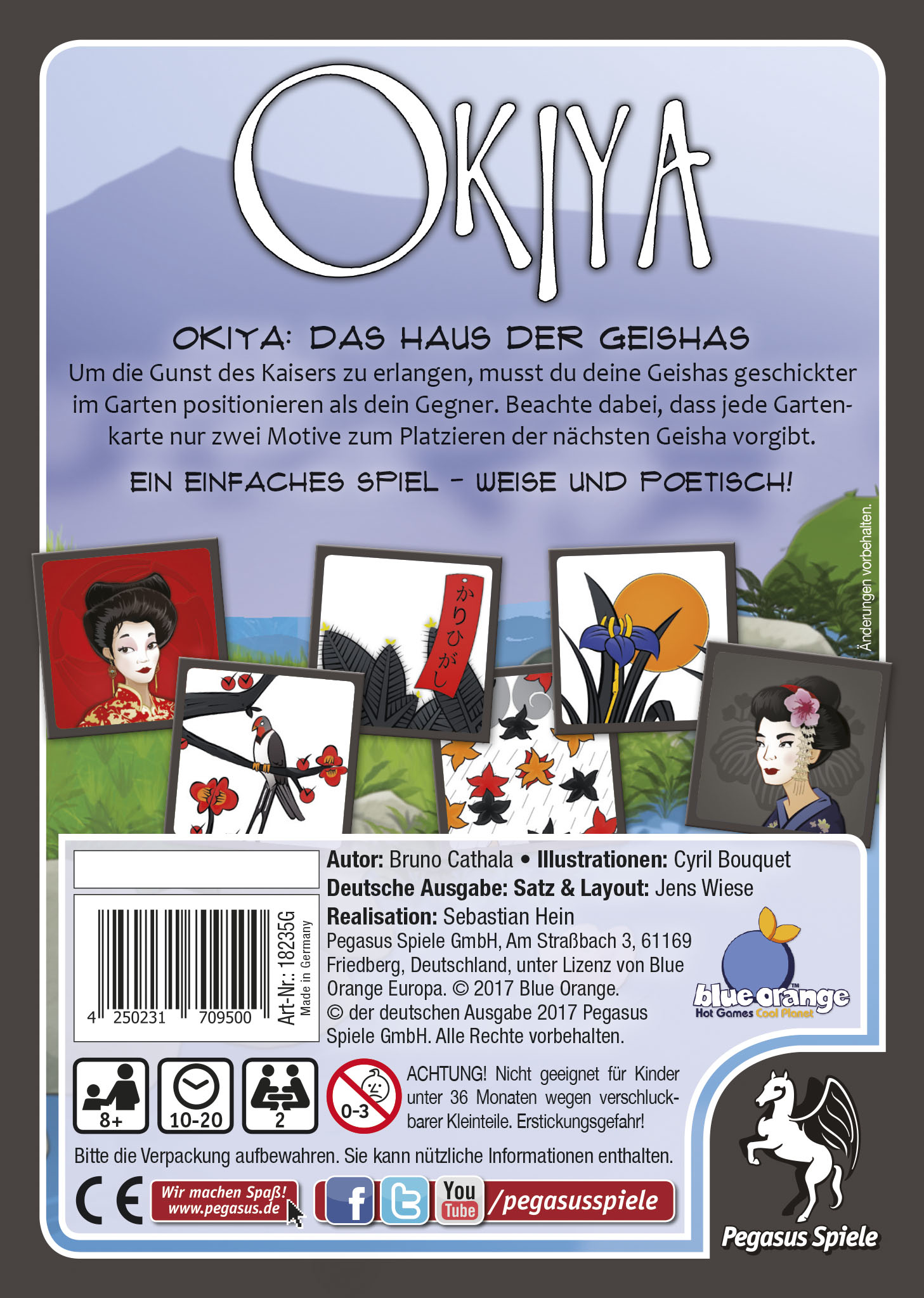 Rückseite einer Brettspielbox 'Okiya: Das Haus der Geishas' mit Spielinfo.