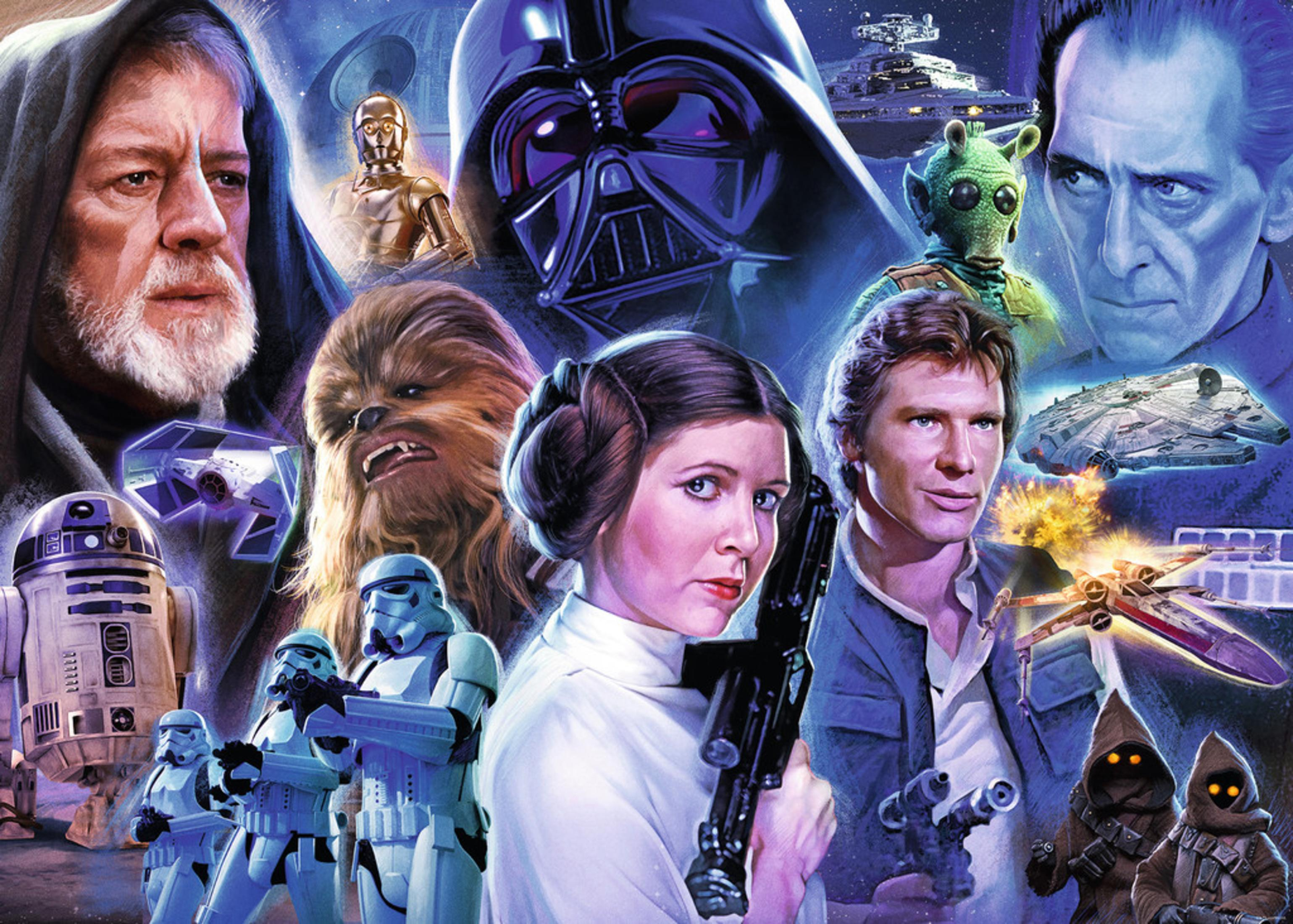 Collage von Star Wars-Charakteren, darunter Darth Vader, Leia, Han Solo und andere Figuren.