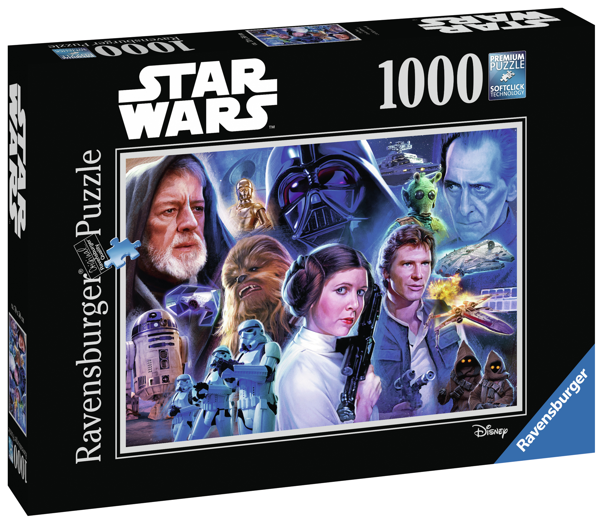 Eine schwarze Puzzledose mit Star Wars-Charakteren auf der Vorderseite. Sie trägt die Aufschrift '1000' und 'Ravensburger Puzzle'.