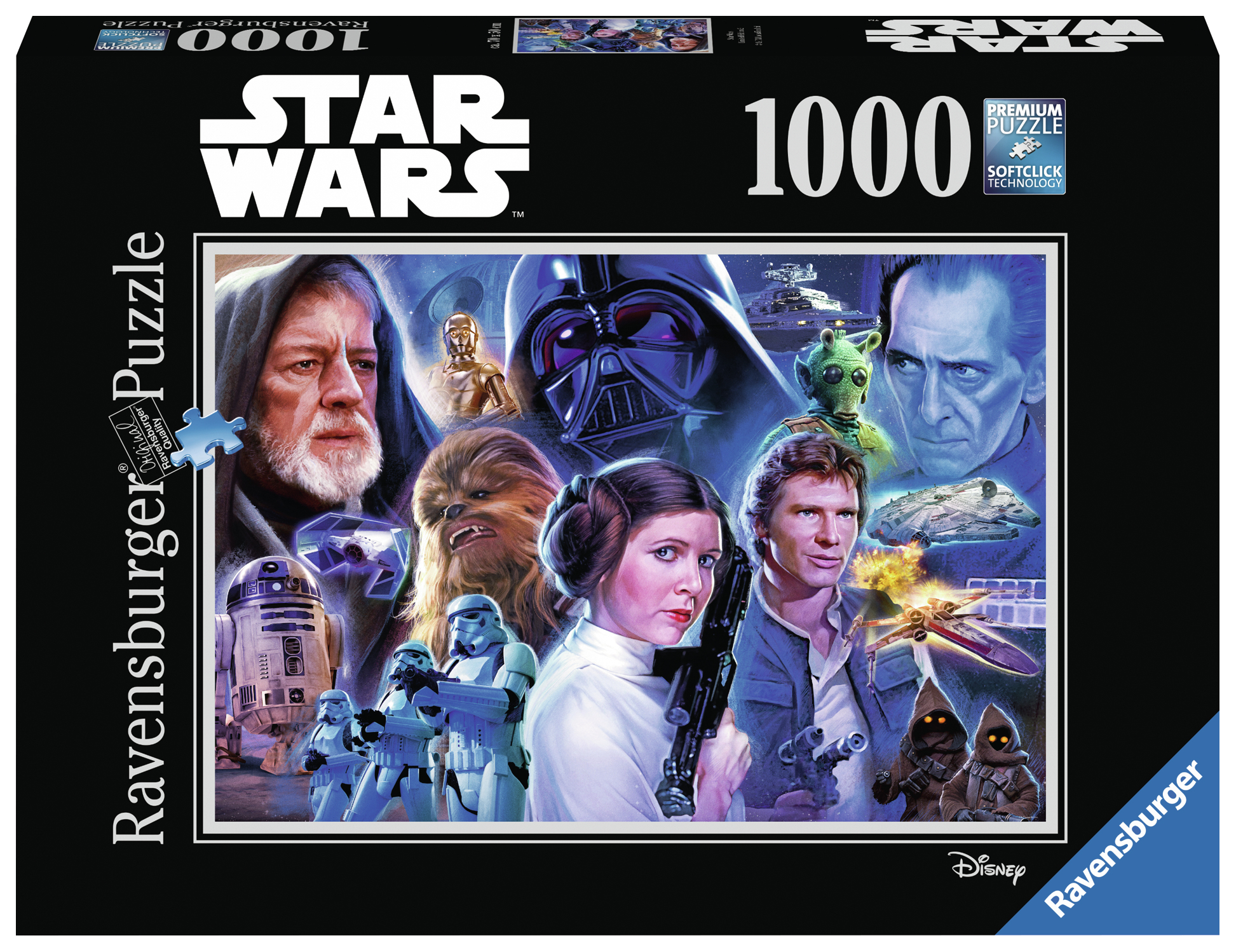 Ravensburger Star Wars Puzzledose. Enthält Charaktere der Filmreihe in einer dunklen Umgebung.