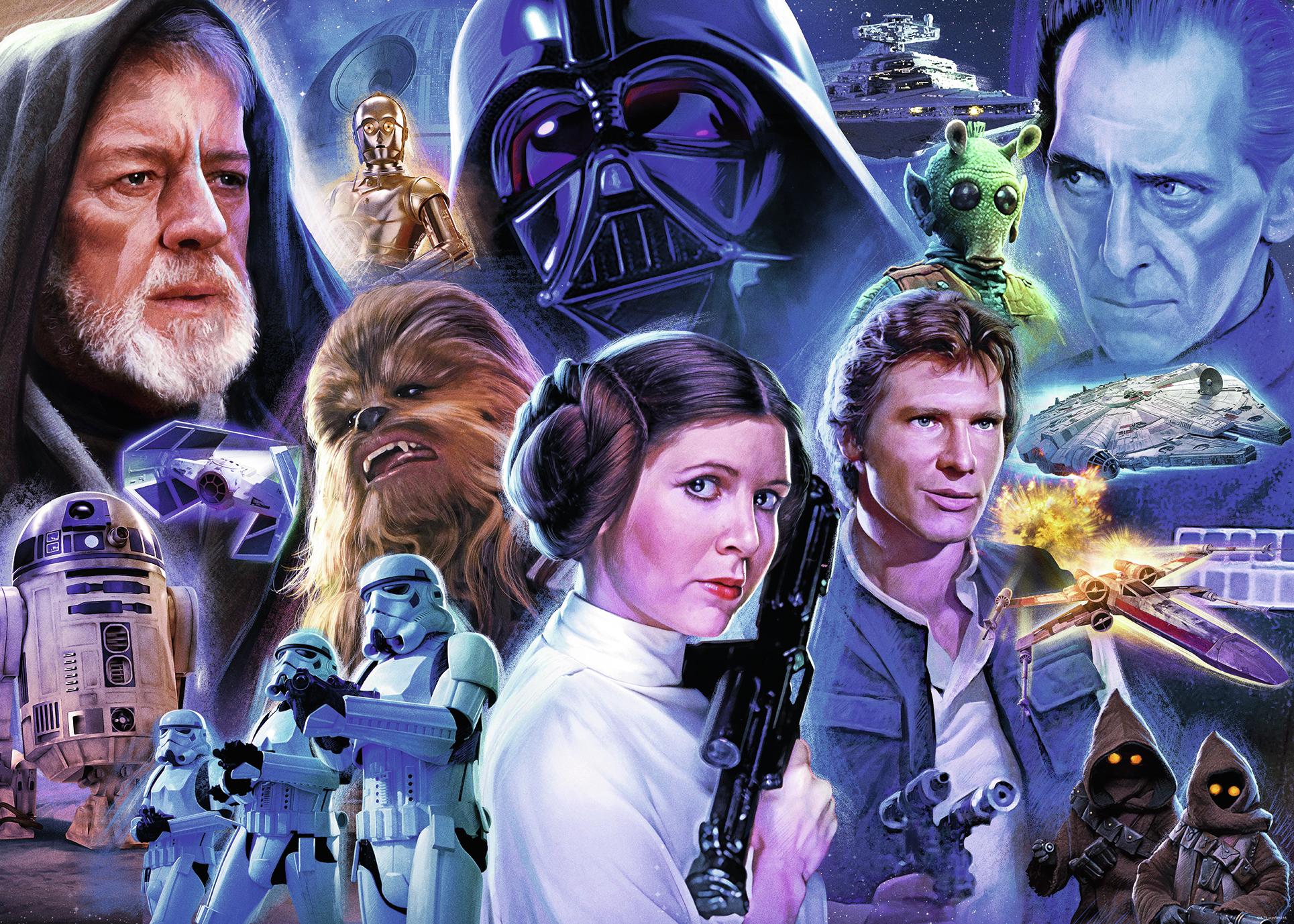 Ein Star Wars-Poster mit Darth Vader, Luke Skywalker, Prinzessin Leia und anderen Charakteren.