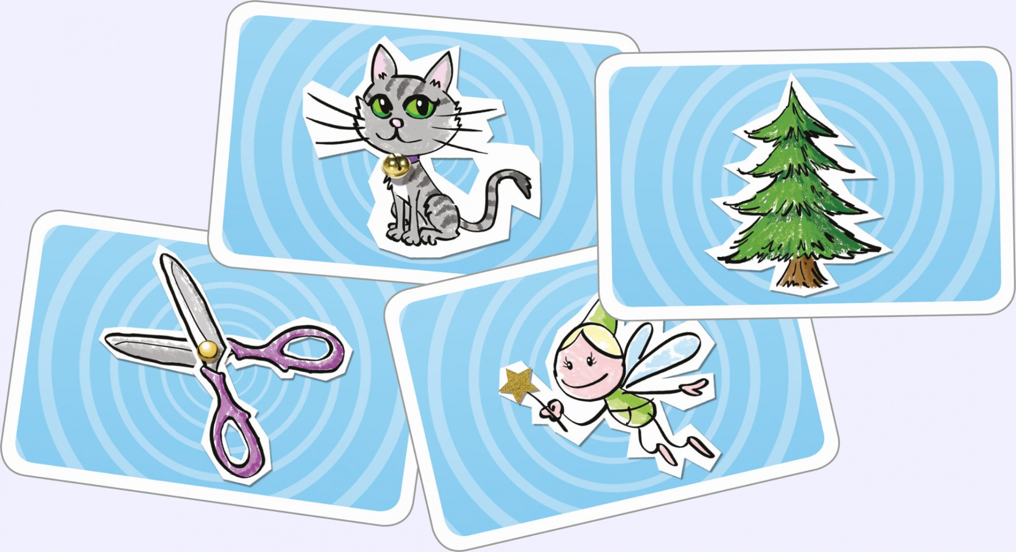 Vier Cartoon-Karten. Eine Katze, ein Baum, eine Schere und eine Fee. Sie sind auf blauem Grund.