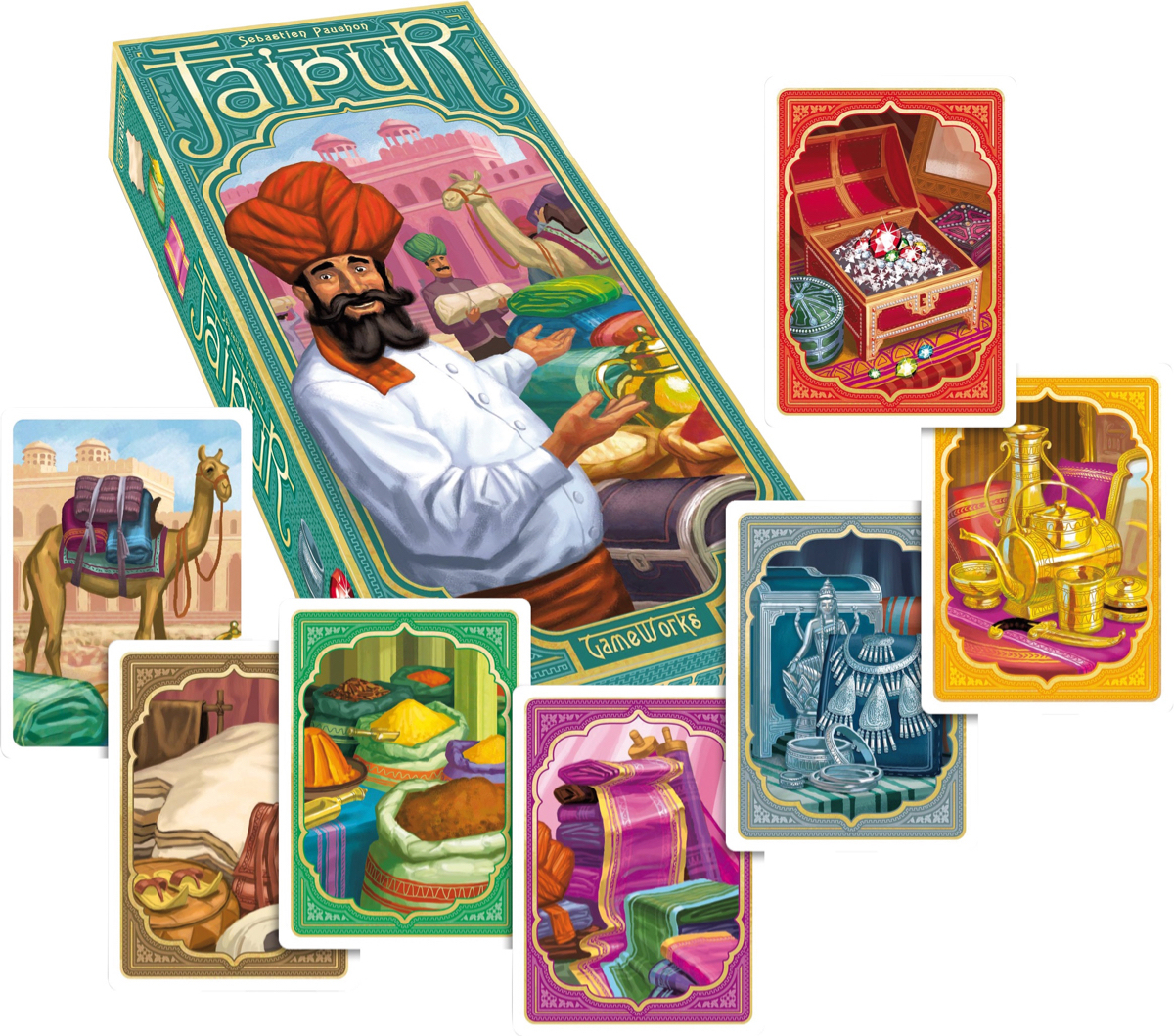 Eine Brettspielbox und Karten mit Illustrationen eines indischen Händlers und Waren.