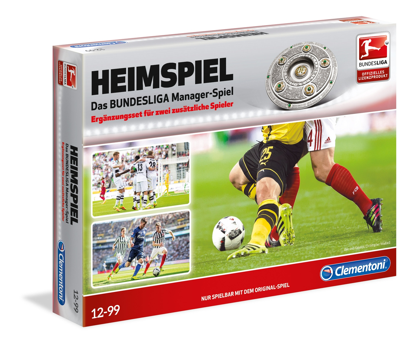 Heimspiel Brettspielbox. Fußballthema, mit Fotos von Spielern. Bundesliga-Logo.