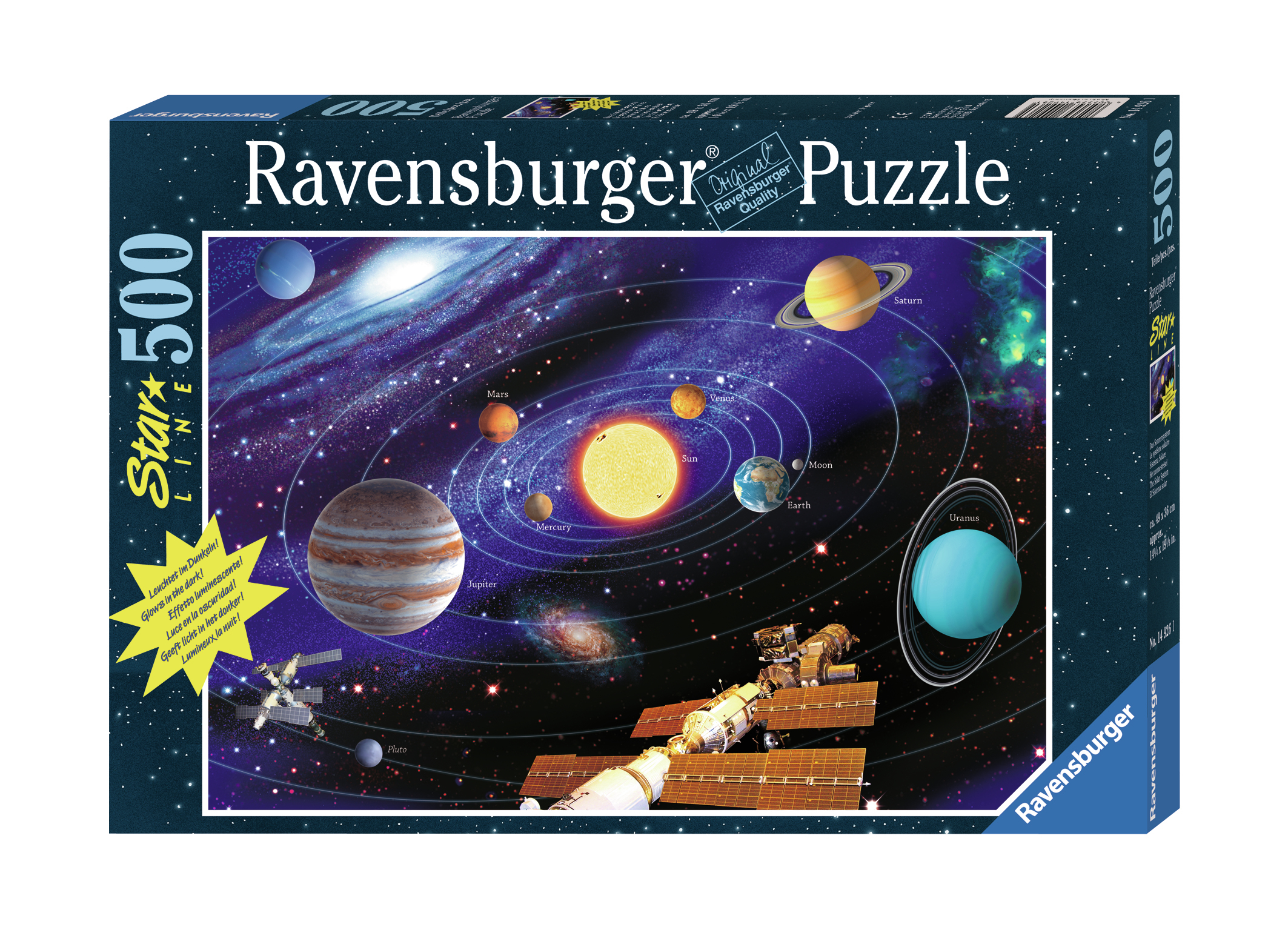 Una scatola di puzzle Ravensburger con un'immagine del sistema solare. I pianeti orbitano attorno a un sole giallo nello spazio stellato.