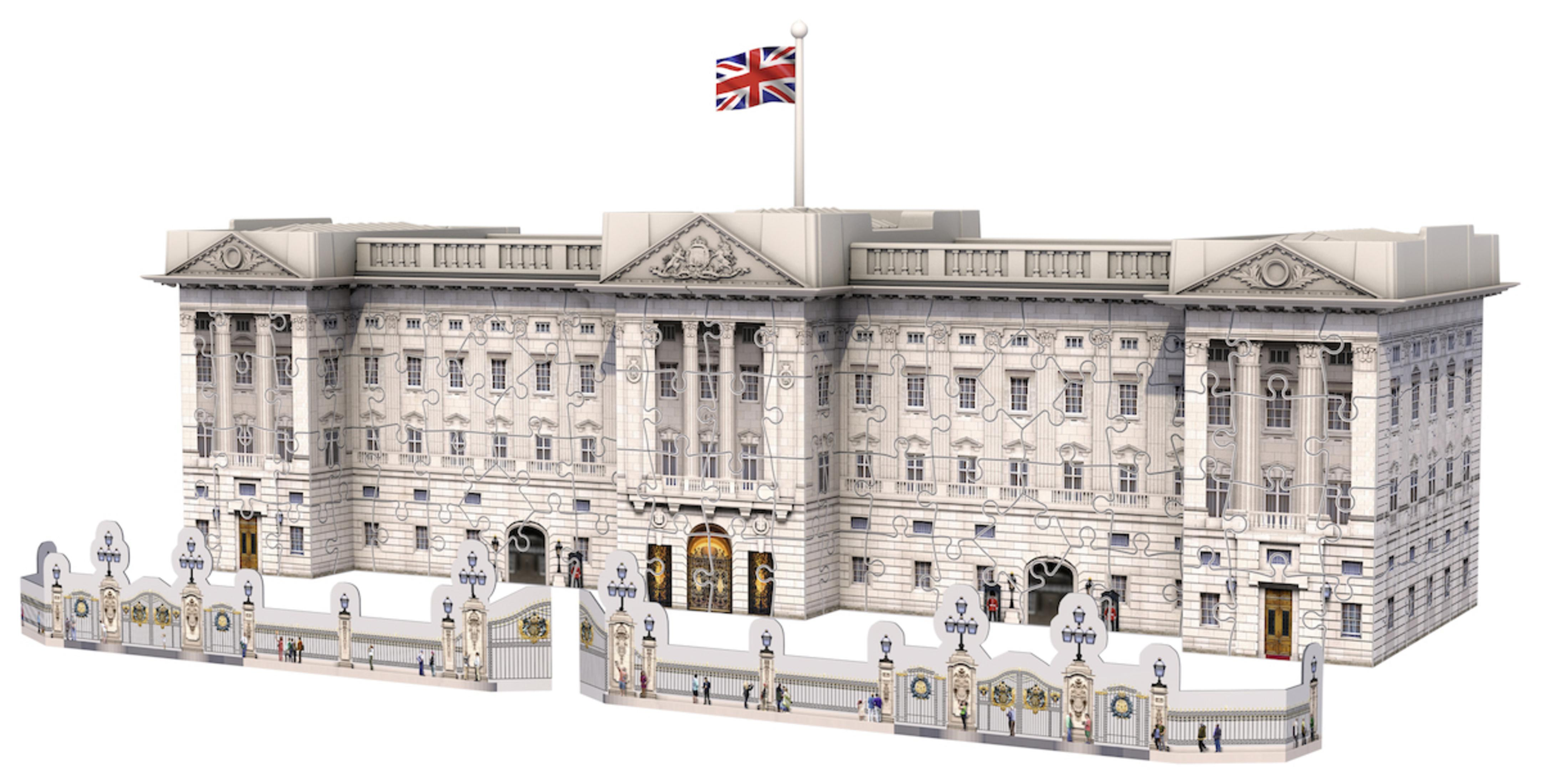 Ein 3D-Puzzle von Buckingham Palace. Das Modell ist weiß. Die Flagge der Union Jack befindet sich oben auf dem Gebäude.