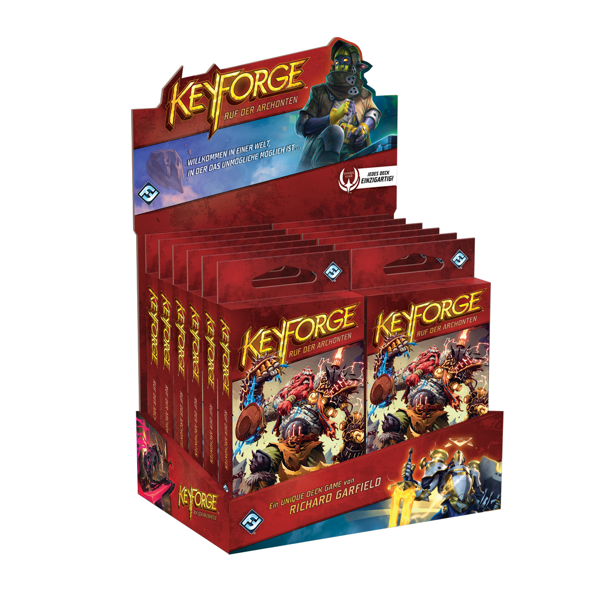 Schachtel mit KeyForge-Kartenspiel-Decks. Rote Schachtel mit einer Grafik eines Charakters.