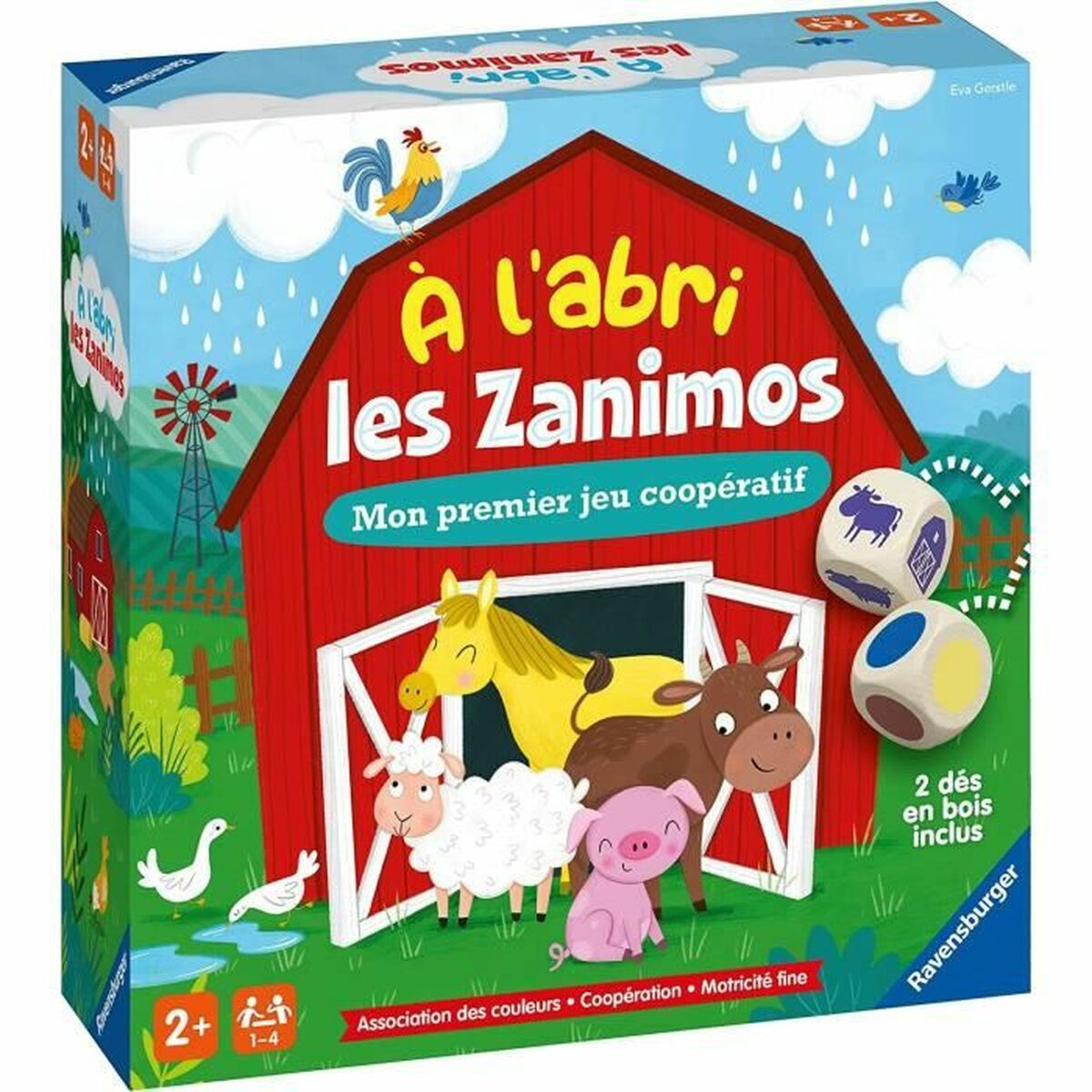 Una scatola di puzzle per un gioco da tavolo cooperativo con animali della fattoria e dadi sulla copertina.