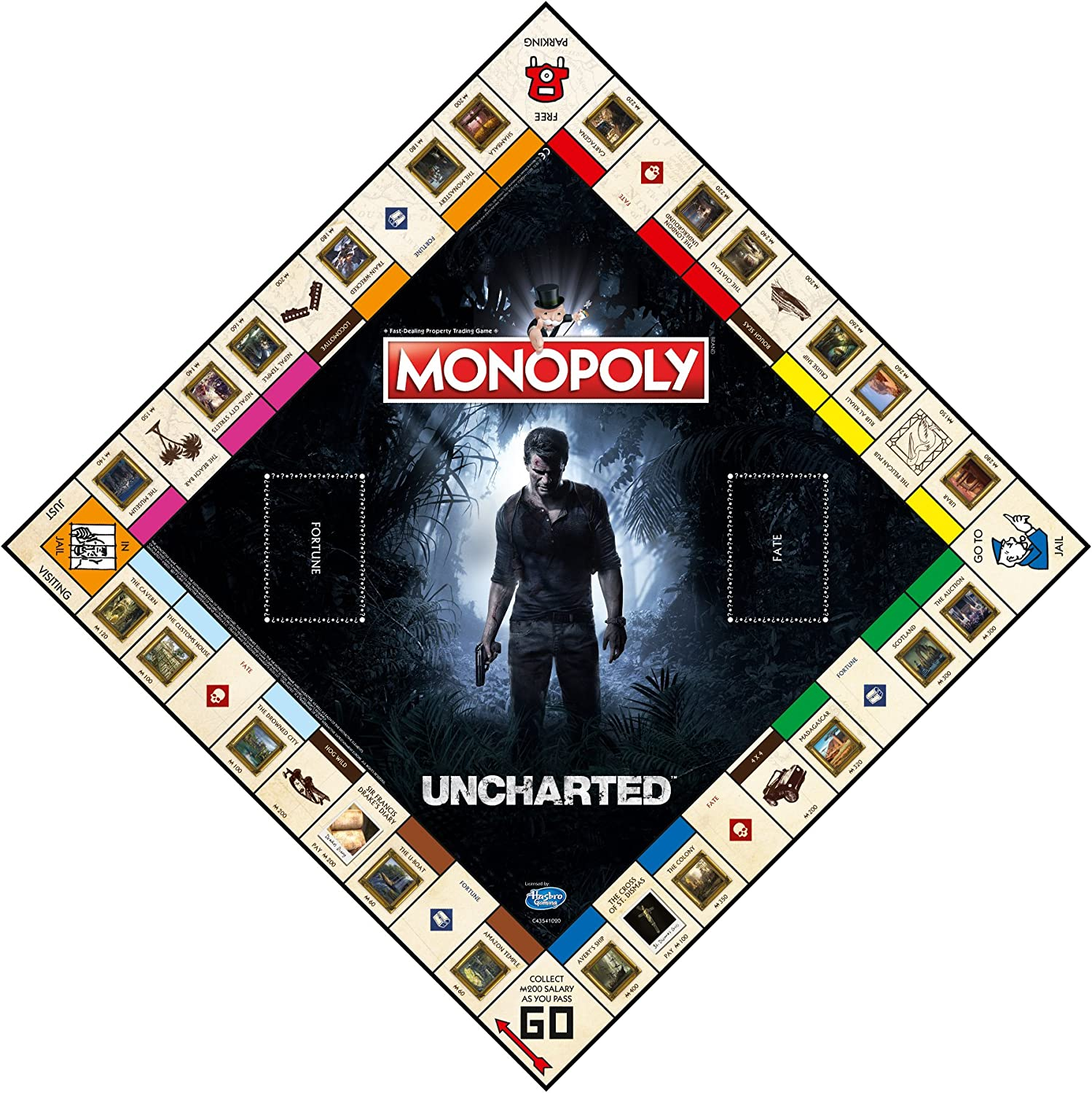 Monopoly Uncharted Brettspiel. Das Spielbrett ist rautenförmig mit einem zentralen Bild eines Mannes mit einer Waffe.