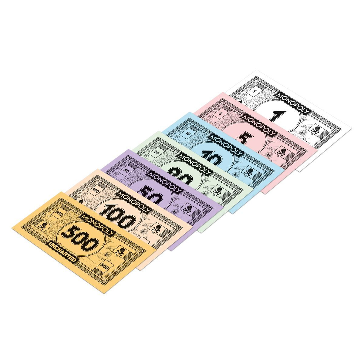 Ein Satz Monopoly-Geld in verschiedenen Stückelungen. Scheine sind für 1, 5, 10, 20, 50, 100 und 500 Dollar.