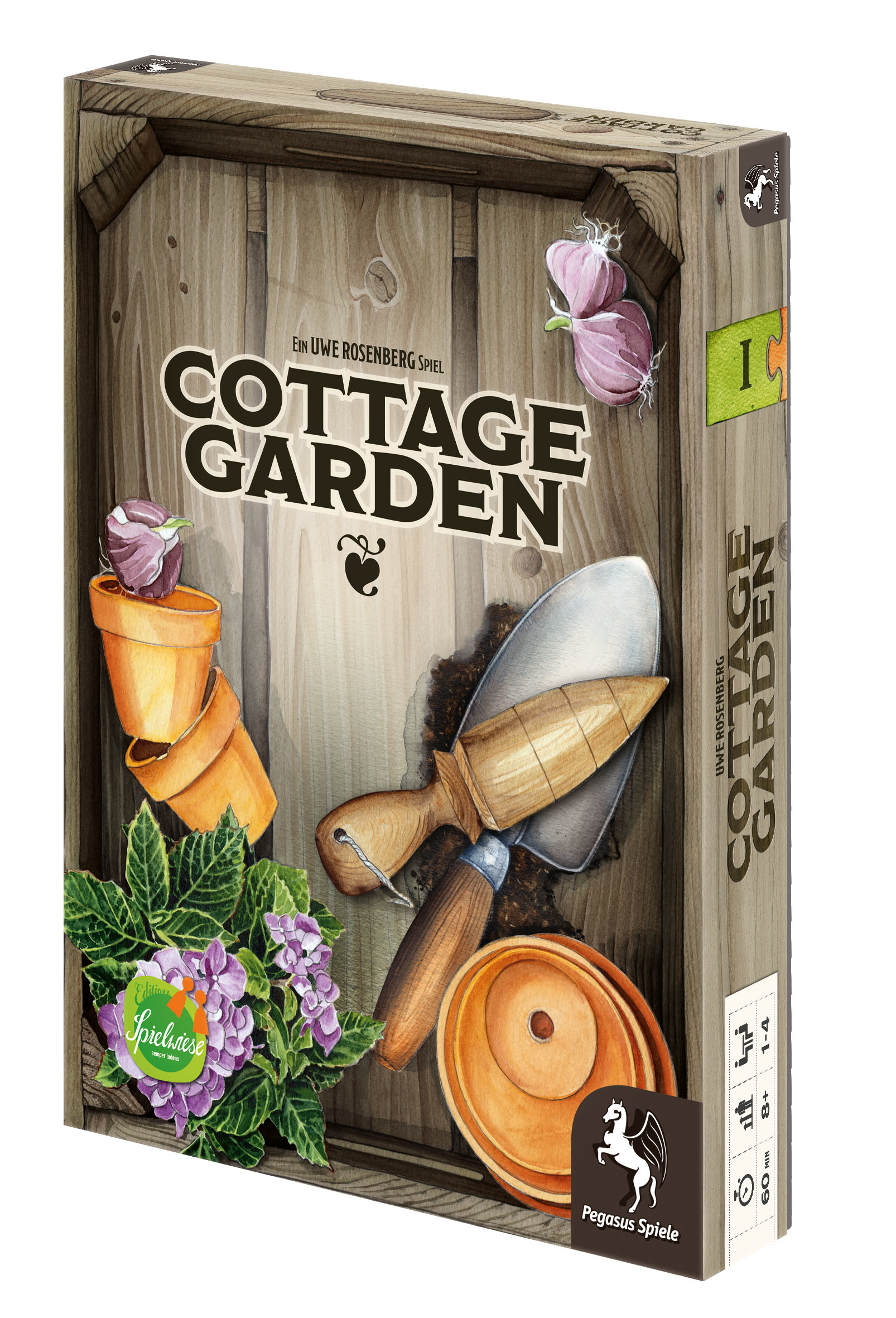 Spielbox mit dem Titel Cottage Garden. Holziger Hintergrund mit Gartengeräten und Blumen.
