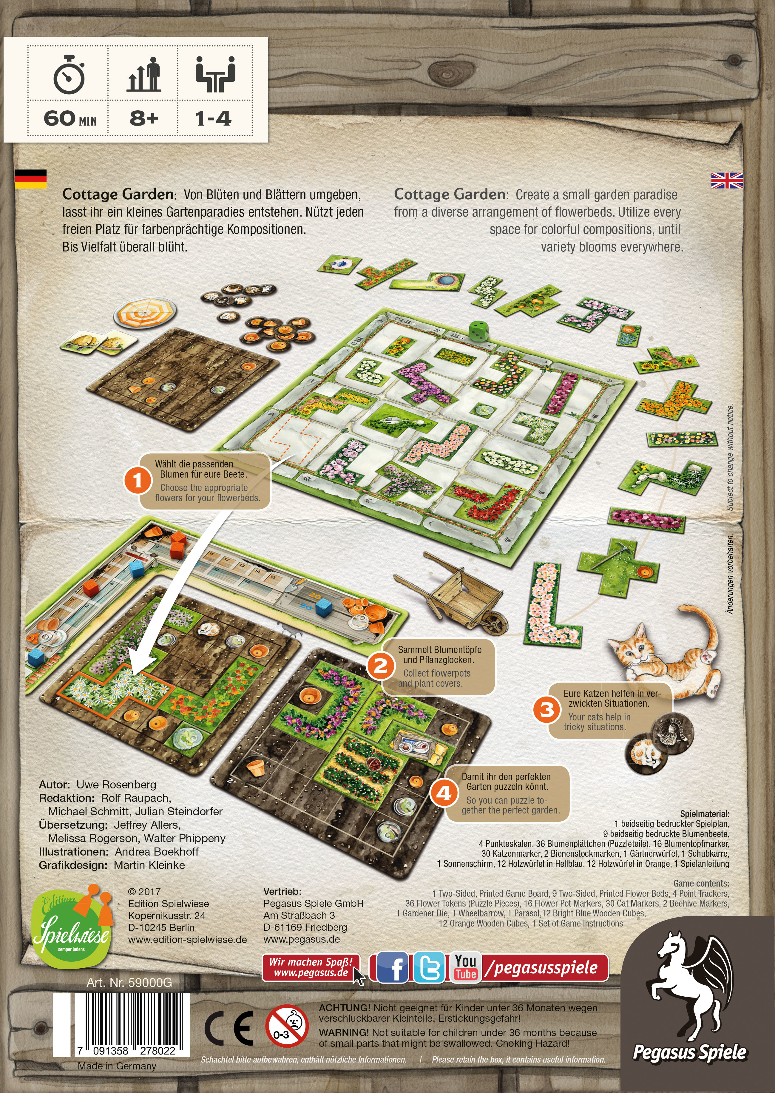 Brettspiel zeigt einen Garten mit Blumen, Wegen und einer Katze. Anweisungen sind auf Deutsch.