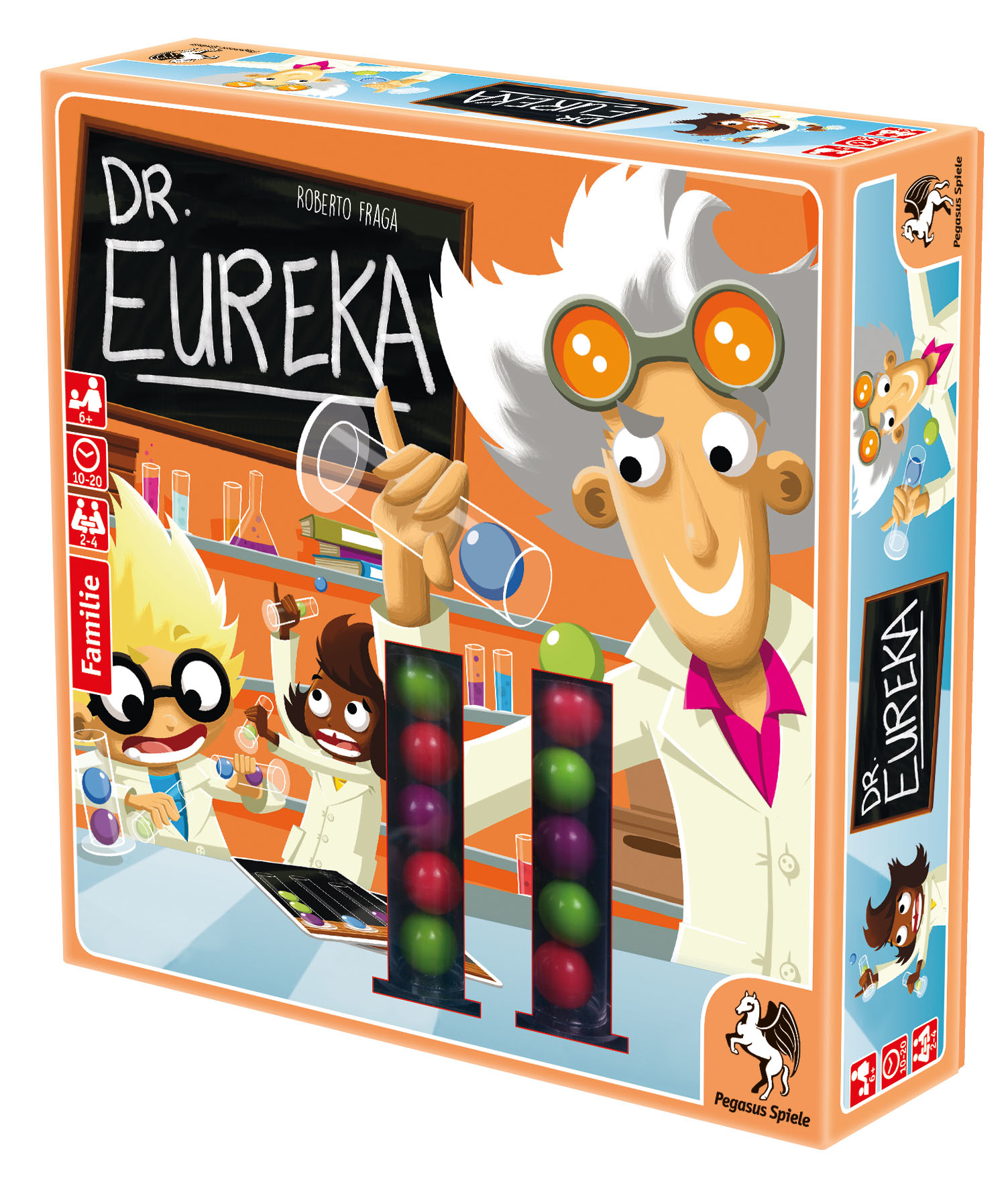 Dr. Eureka Spielbox. Ein Cartoon-Wissenschaftler mit zwei Kindern und farbigen Kugeln in Reagenzgläsern.