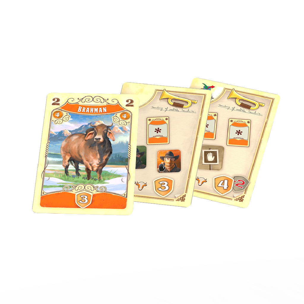 Spielkarten mit einer Kuh, einem Sheriff und anderen Grafiken. Die Karten sind gelb und weiß.