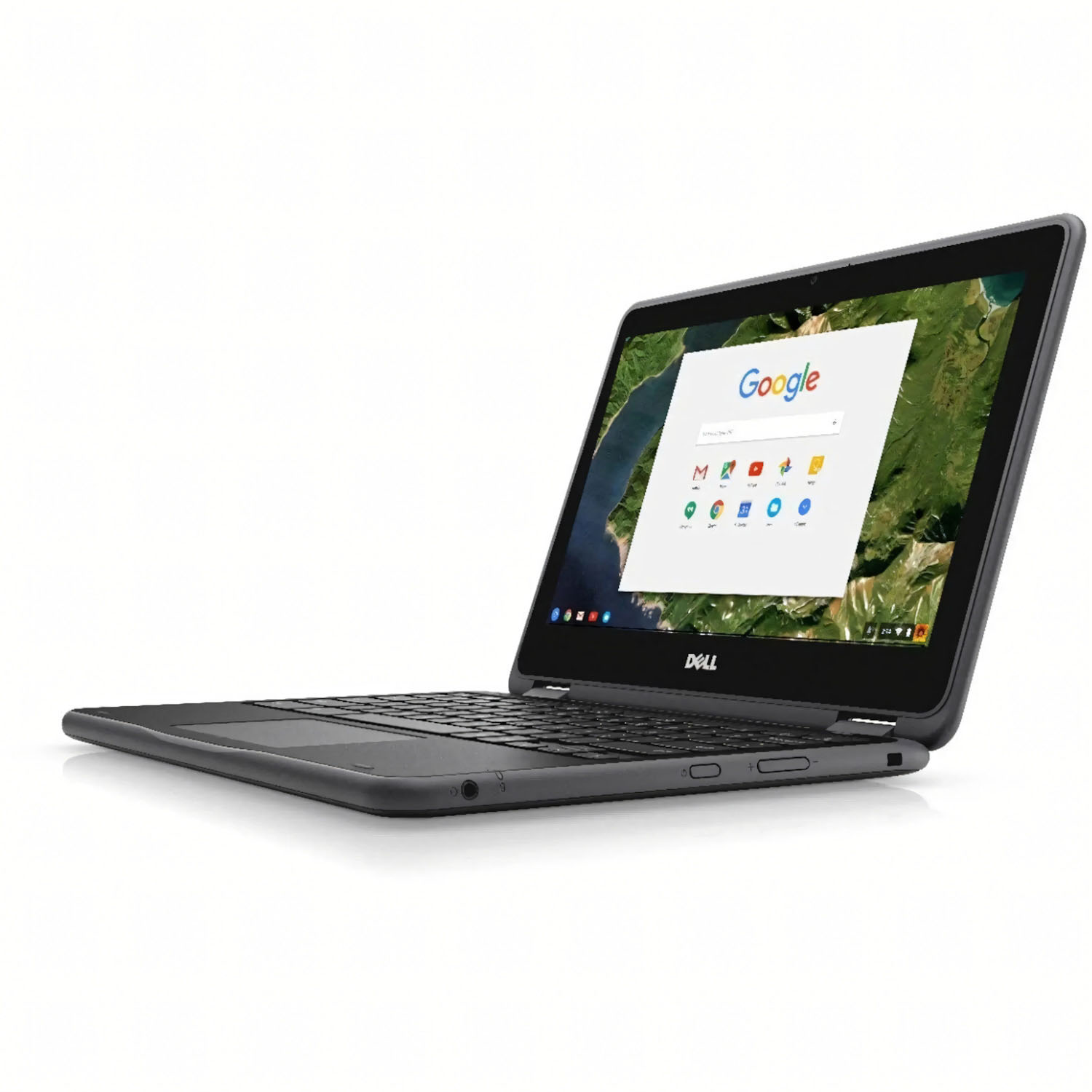 Chromebook Dell gris, abierto con pantalla de búsqueda de Google visible.