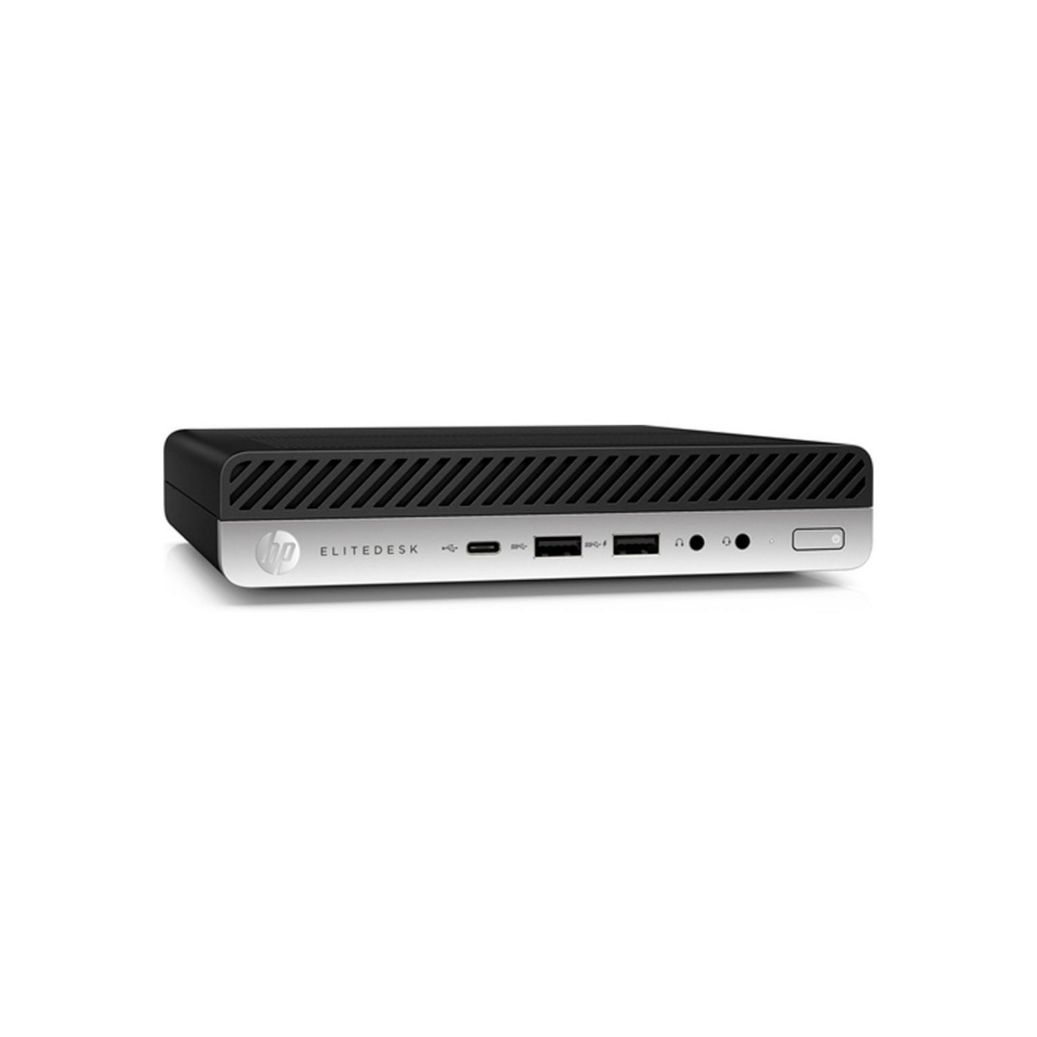 HP Elitedesk negro y plateado. Vista frontal. Puertos USB, conectores de audio y botón de encendido.