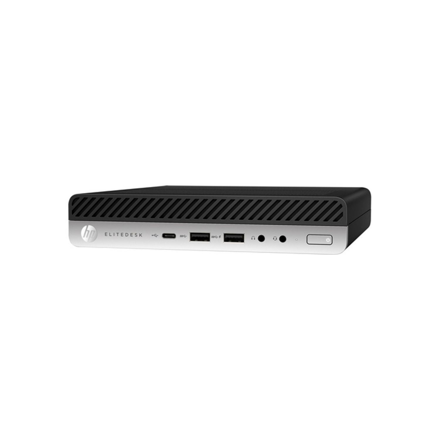 Ordenador HP Elitedesk negro. Tiene puertos y un lado plateado. Fondo blanco.