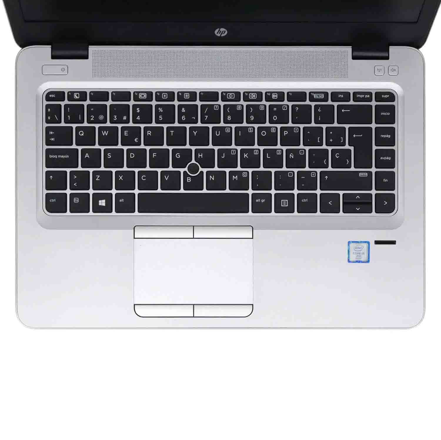 Vista cenital de un teclado de portátil con teclas, panel táctil y pegatina Intel.