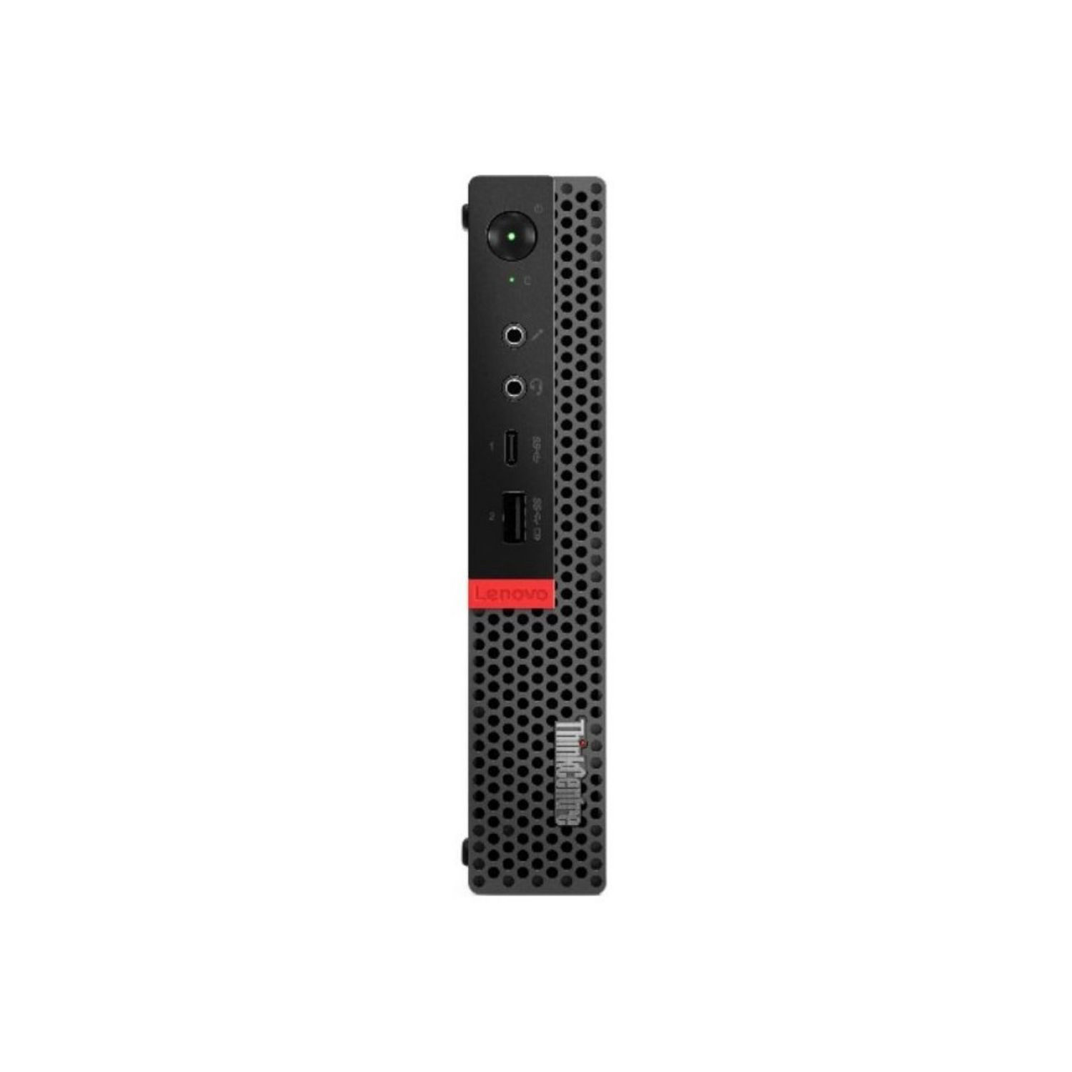 Mini PC Lenovo ThinkCentre negro con puertos y raya roja, sobre superficie blanca.