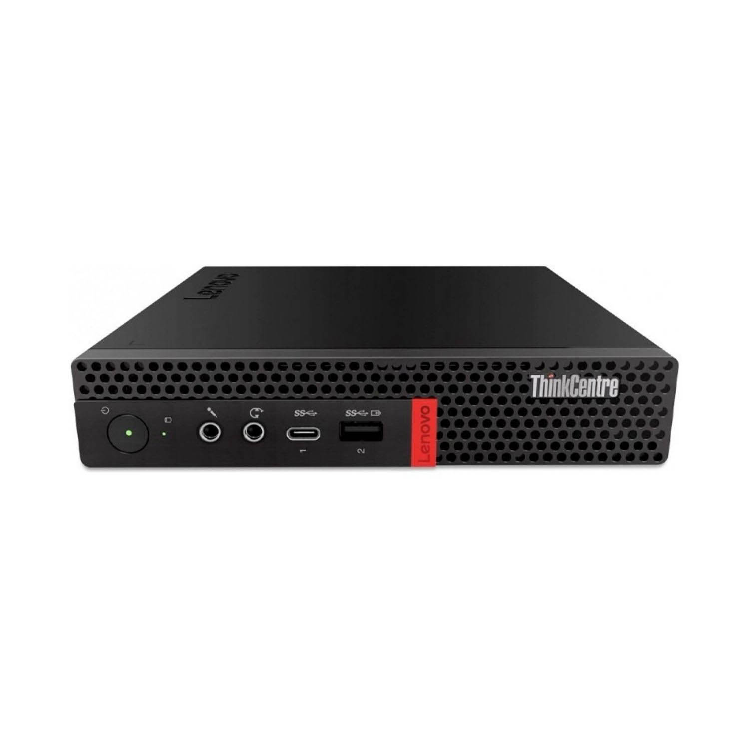Ordenador de sobremesa Lenovo ThinkCentre mini negro. Fondo blanco.