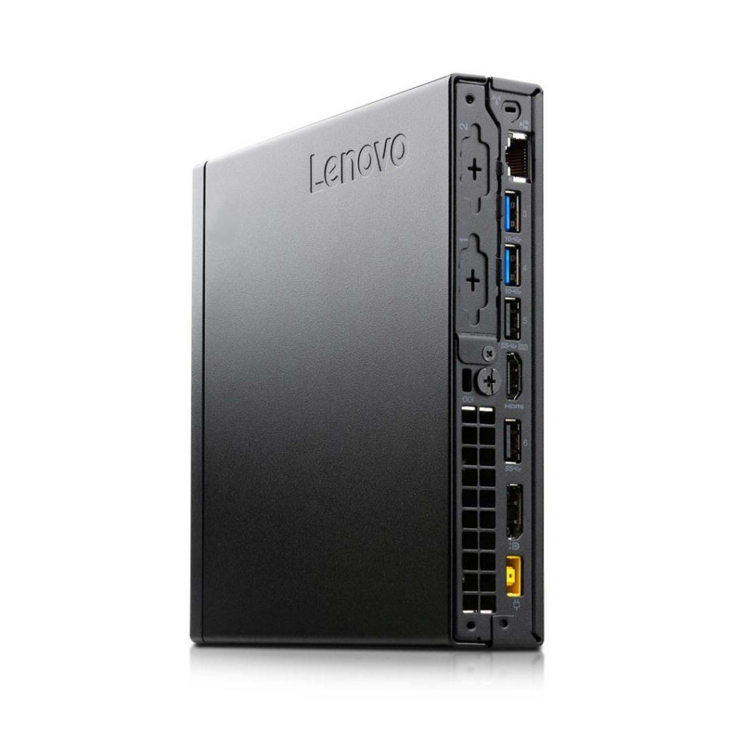 Ordenador de sobremesa Lenovo negro, vista lateral. Con logotipo Lenovo, puertos y un botón de encendido.