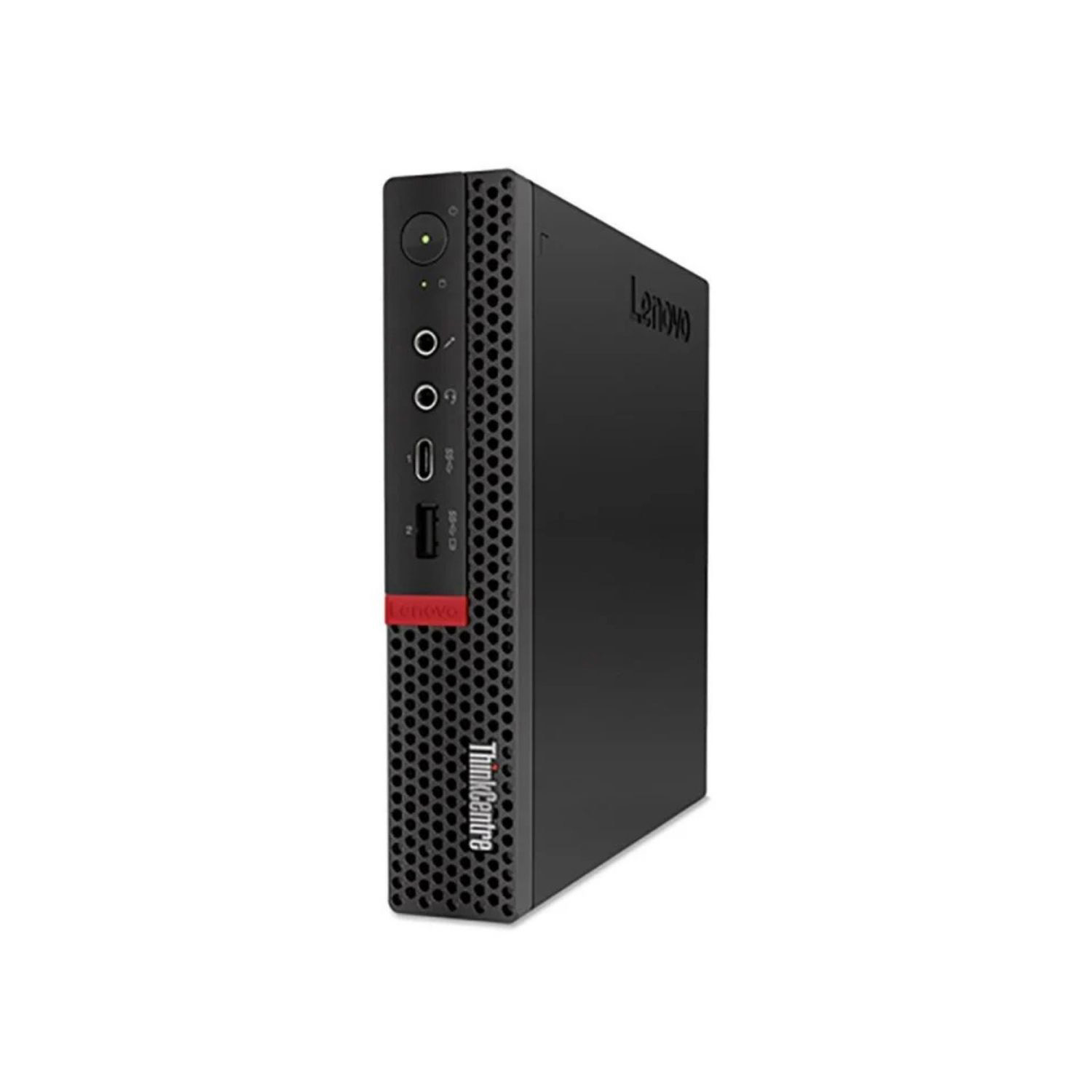 Mini PC Lenovo ThinkCentre negro, vista en ángulo. Con logotipo Lenovo y puertos en el lateral.