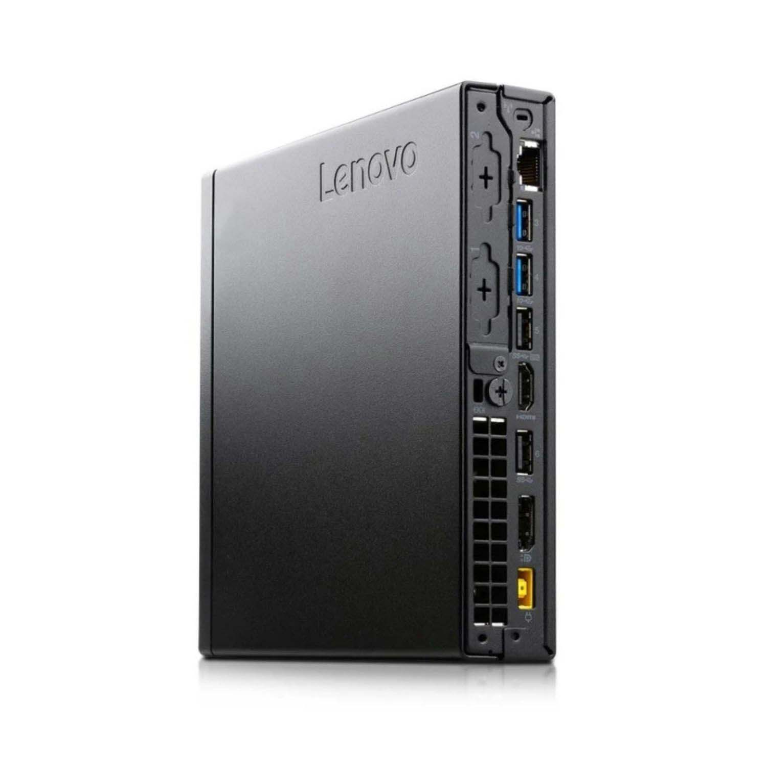 Un mini PC Lenovo negro, con la marca Lenovo, puertos en un lado y perfil delgado, sobre fondo blanco.