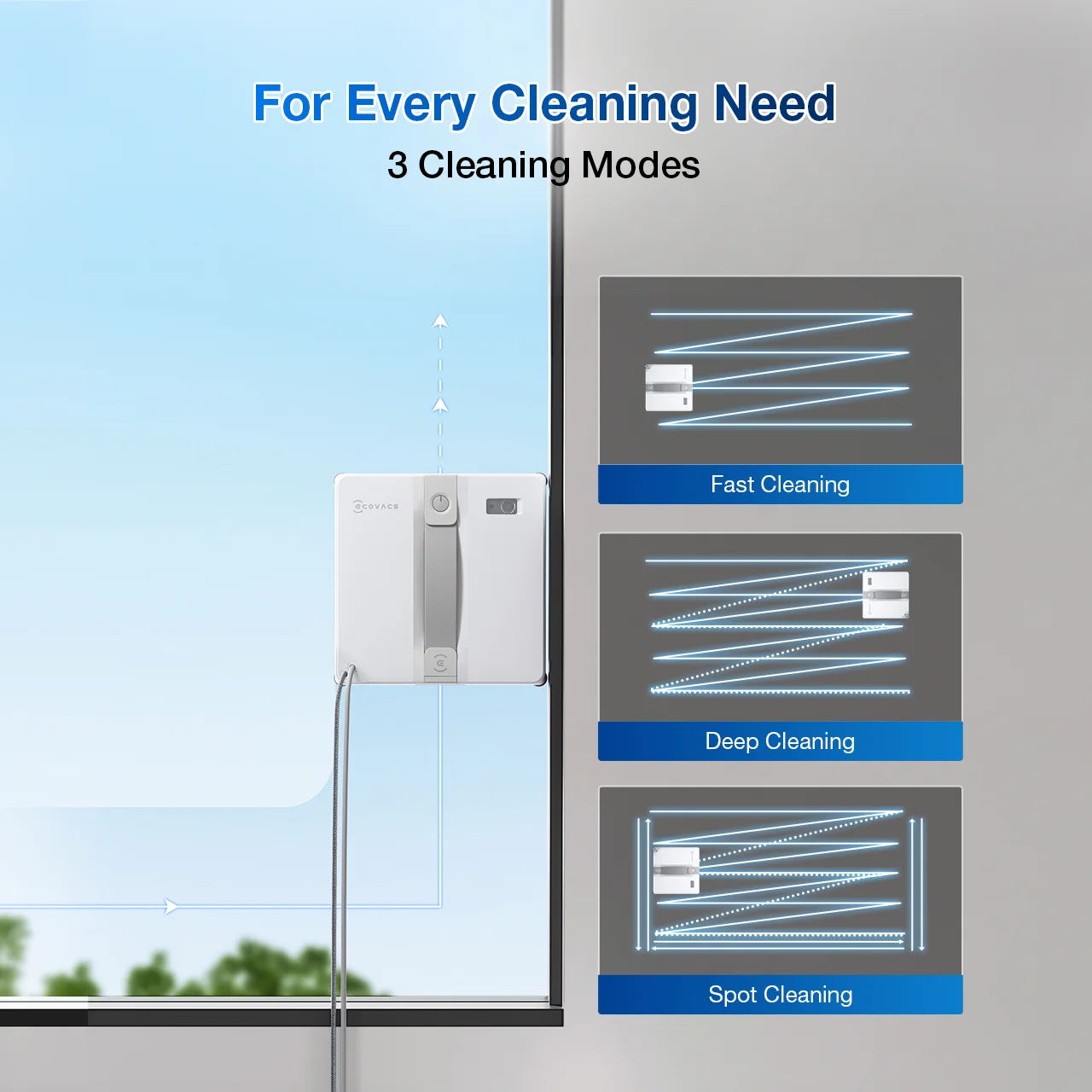 Window cleaning robot with three cleaning modes. Blue sky background.
