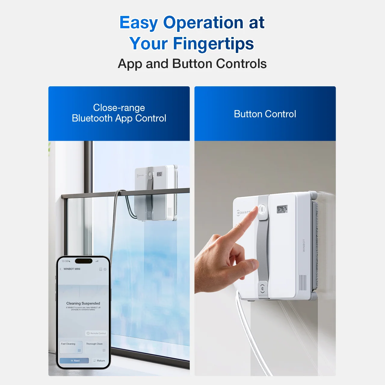 Window cleaning robot, app and button controls, white and gray design.