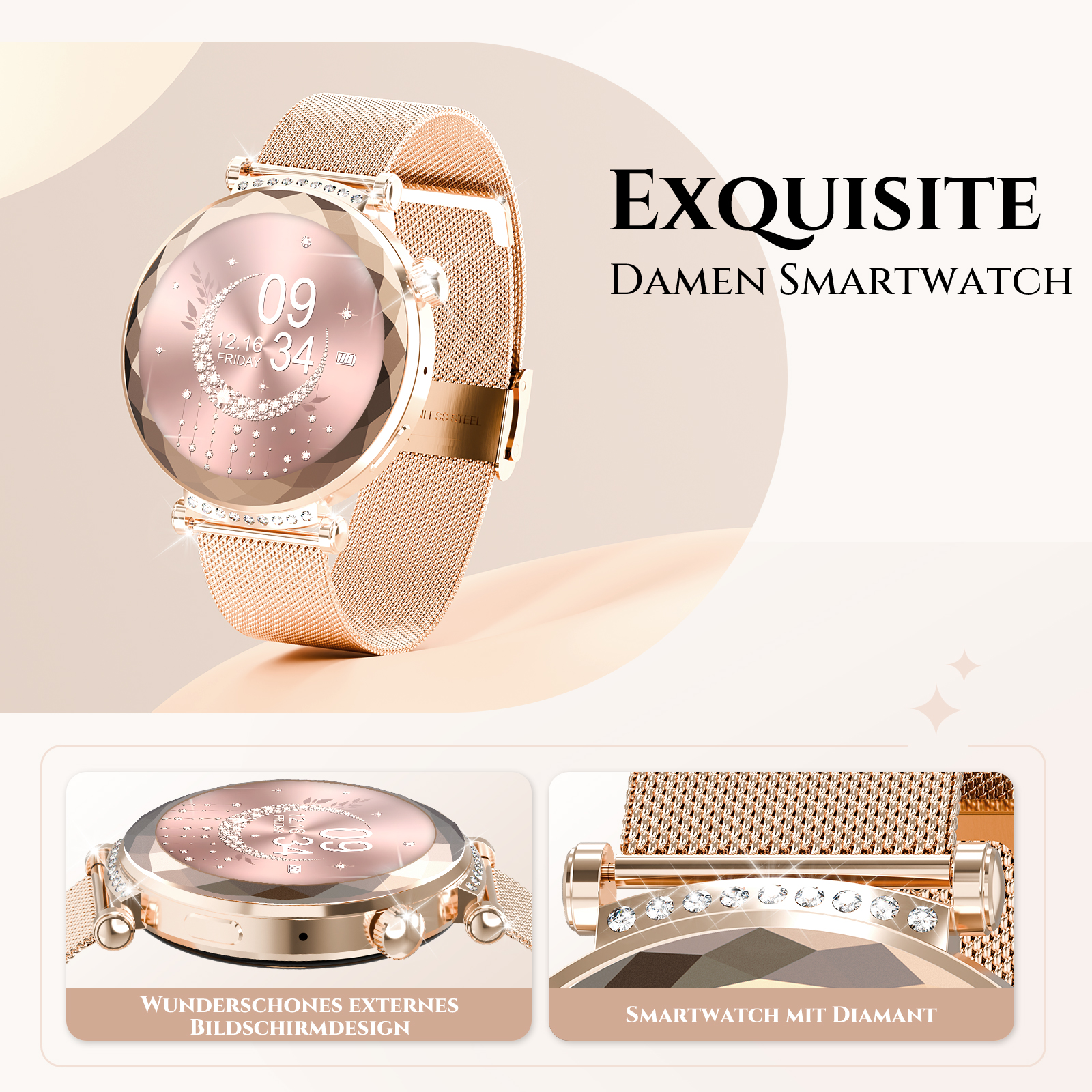 Roségoldfarbene Smartwatch mit Diamantakzenten. Details der Uhr und des Armbands sind sichtbar.