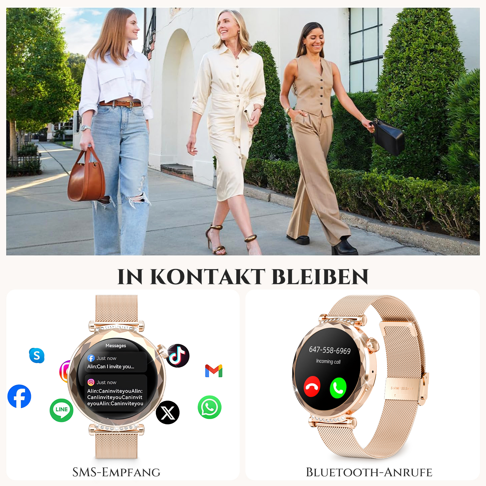 Frauen gehen, Smartwatch am Handgelenk, Nachrichten und Anrufe, mit Social-Icons.