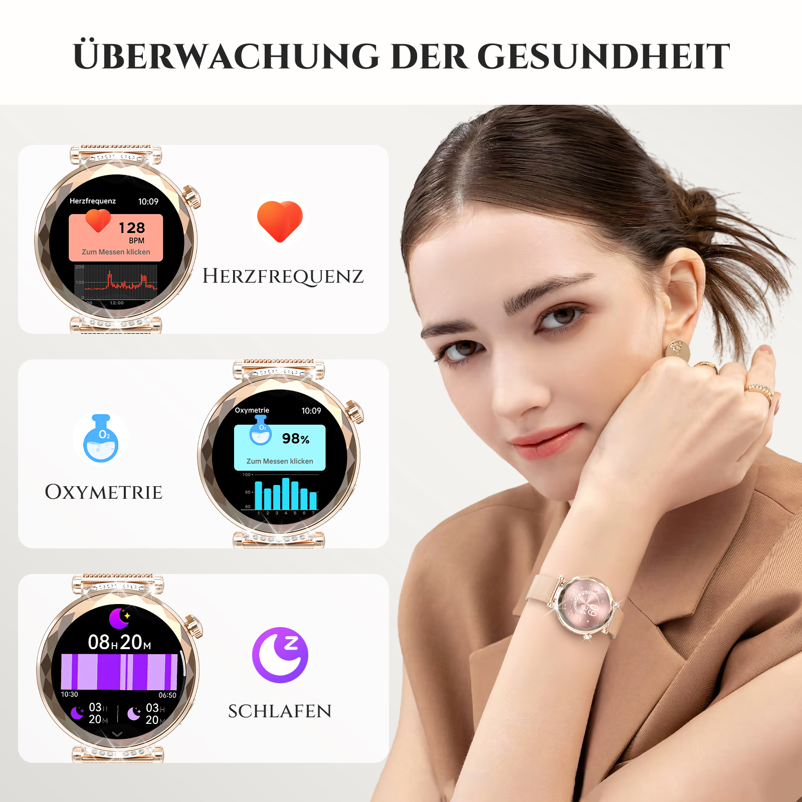 Frau mit Smartwatch. Anzeigen zeigen Herzfrequenz, Blutsauerstoff und Schlafdaten.