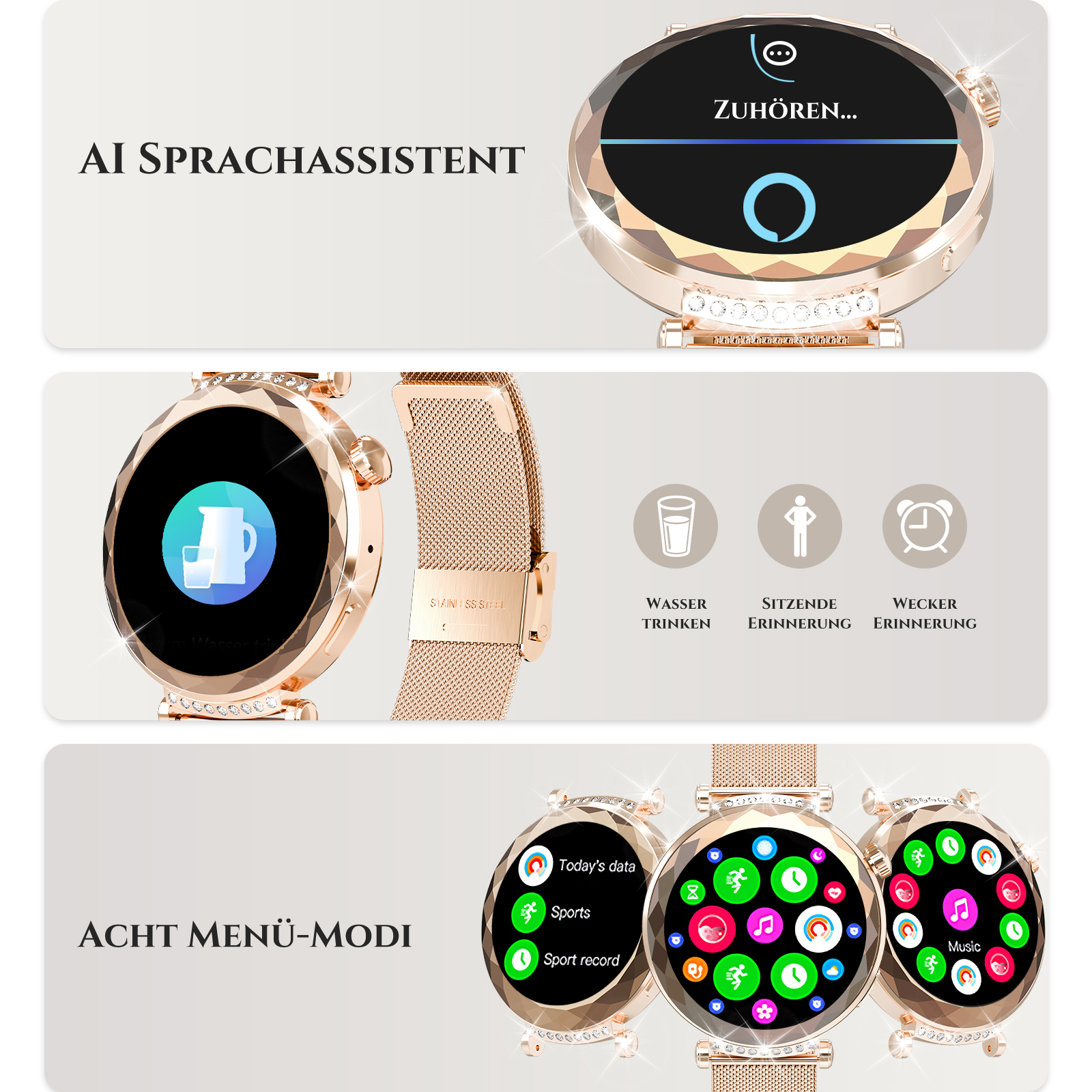 Eine Smartwatch mit Informationen über KI, mit Symbolen für Trinkwasser, Erinnerungen und Menümodi.