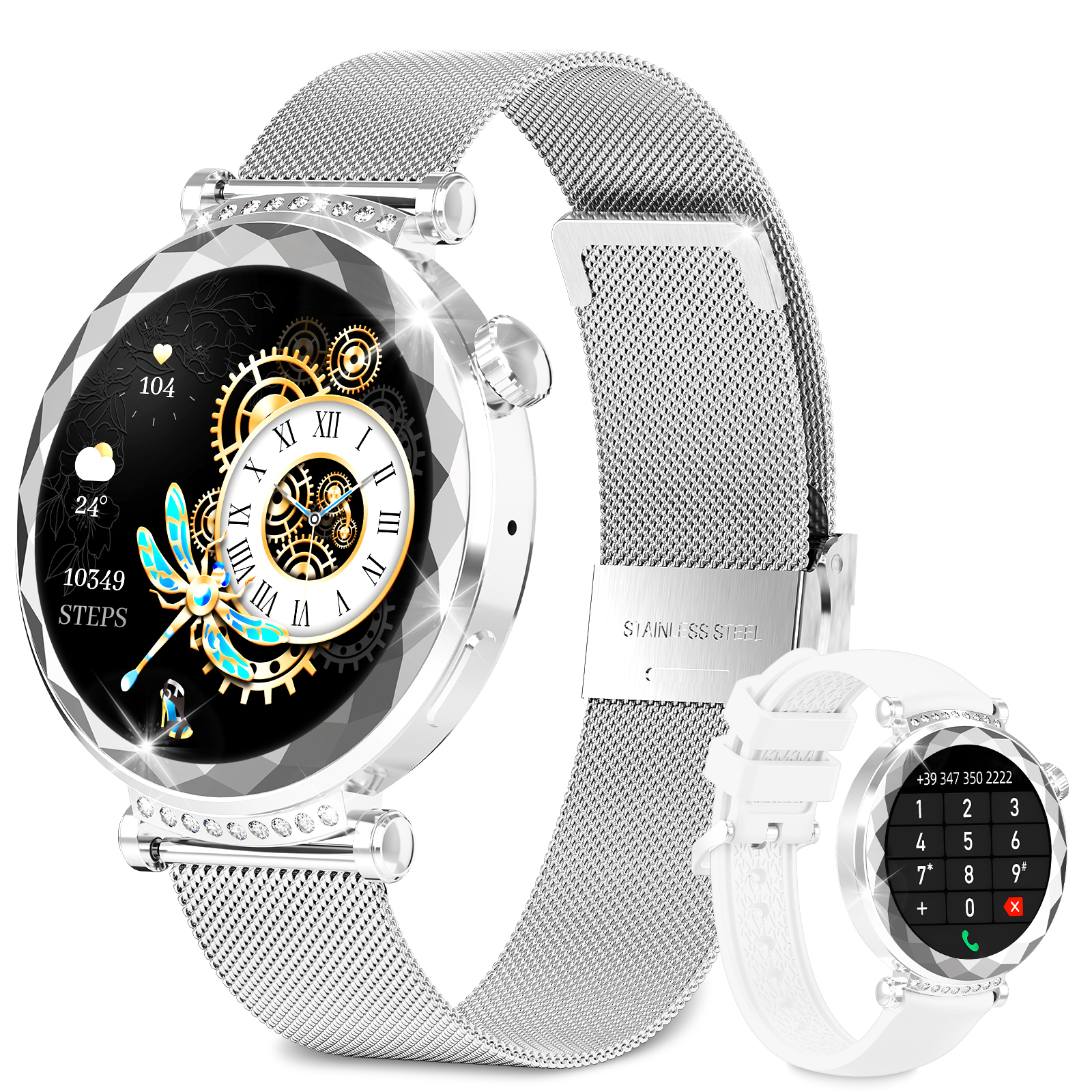 Silberne Smartwatch mit Mesh-Armband, Nahaufnahme des Zifferblatts mit verschiedenen Informationen.