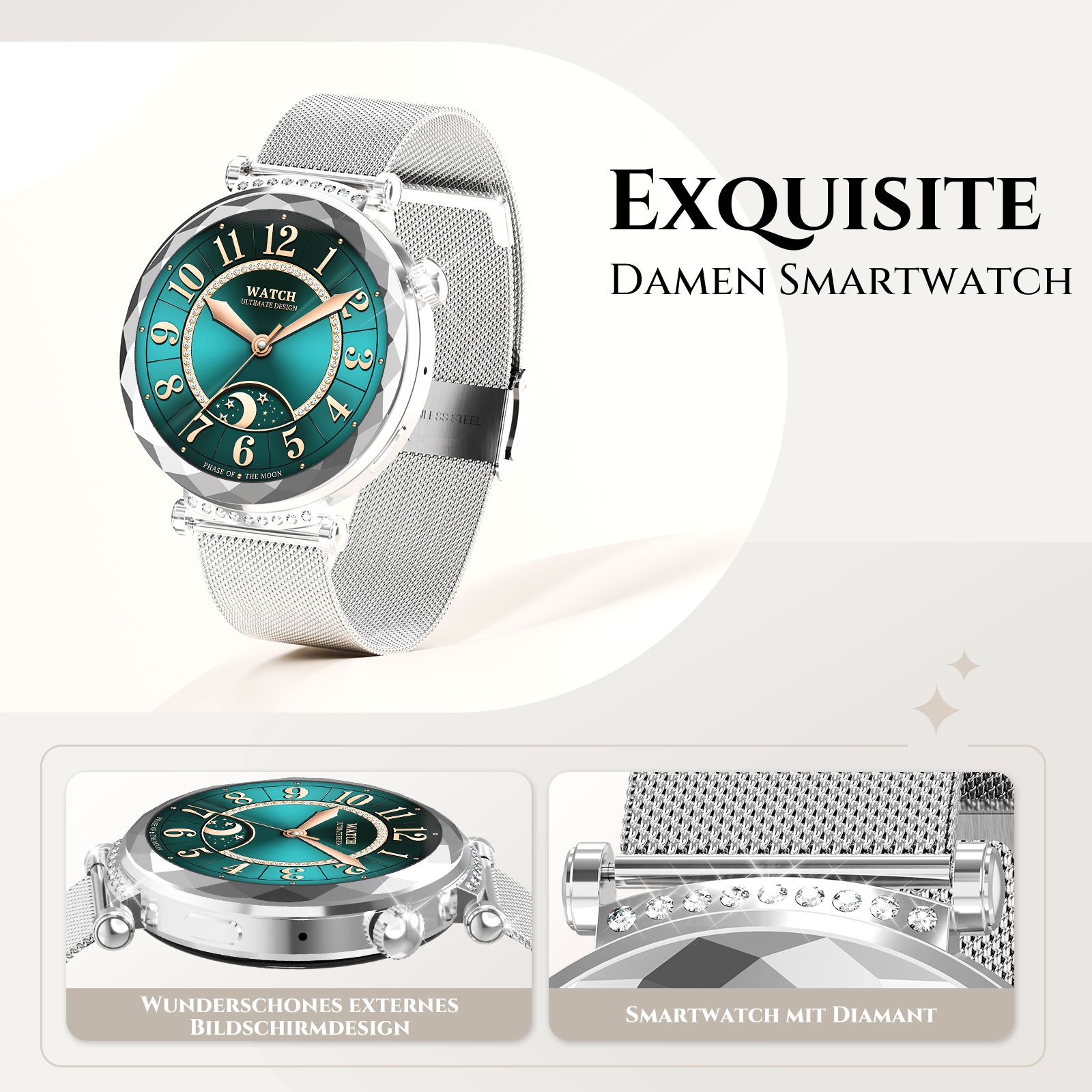 Eine Damen-Smartwatch mit Metallarmband und grünem Zifferblatt.