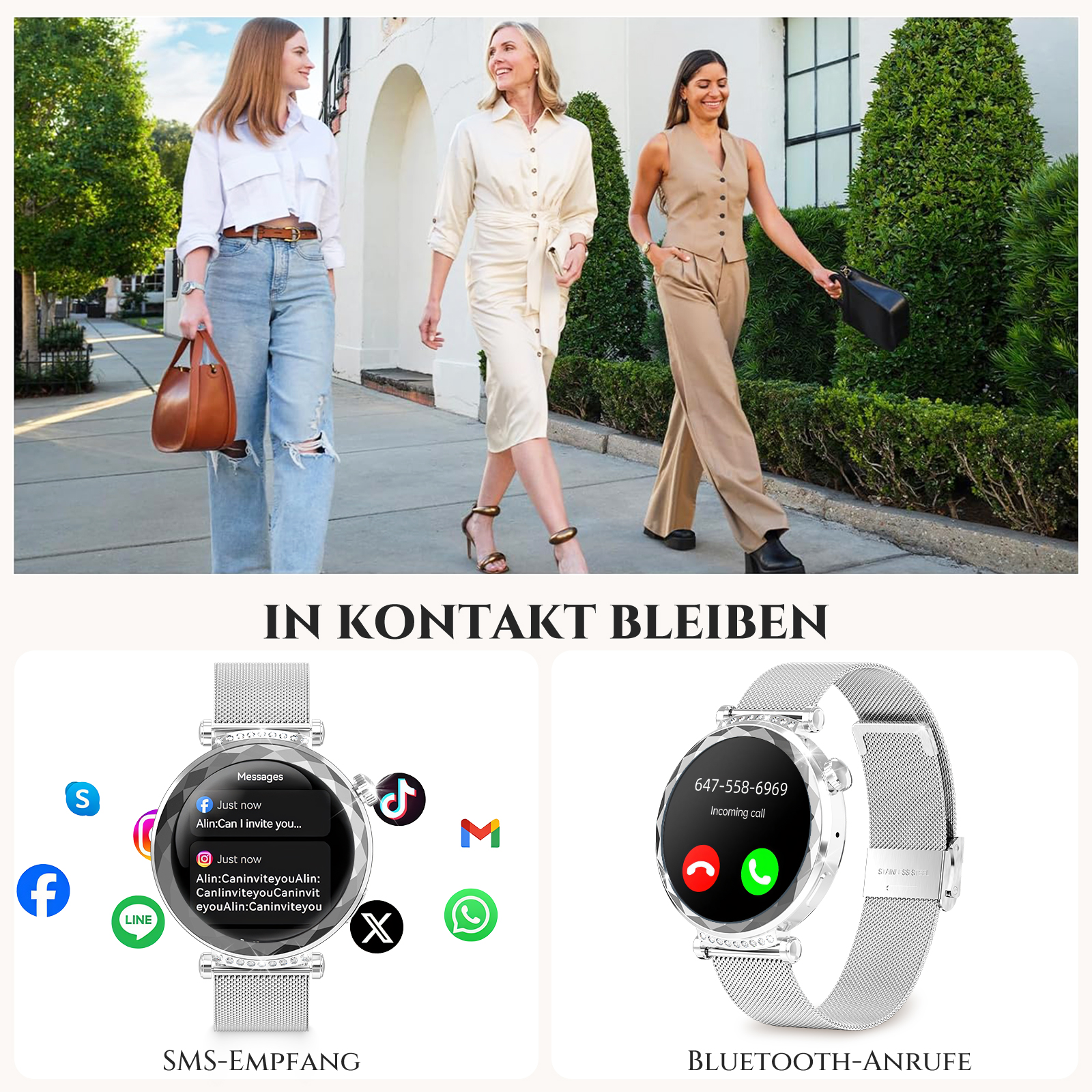 Drei Frauen beim Gehen. Smartwatches an den Handgelenken der Frauen. Eine Uhr mit Nachrichten und Anrufen.