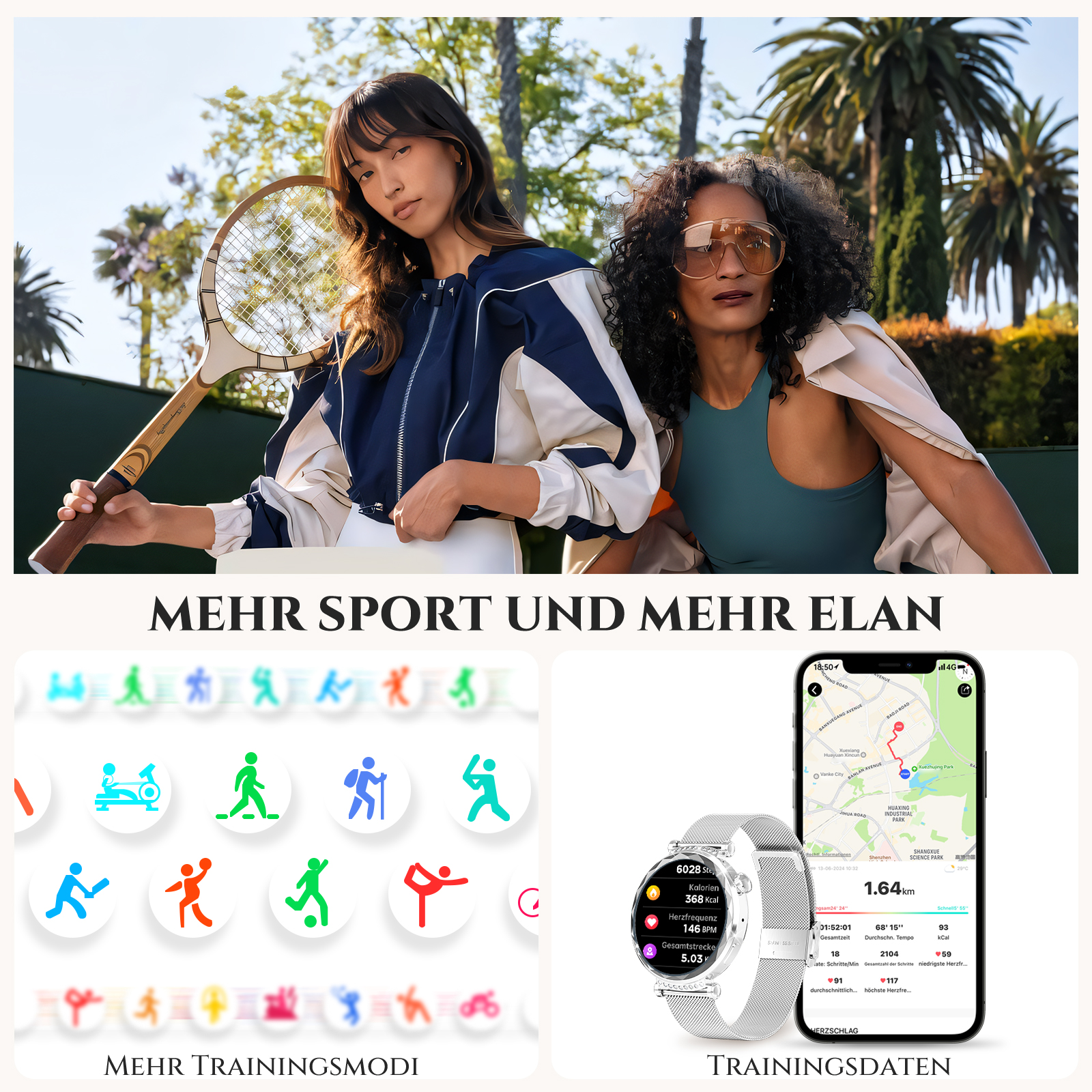 Zwei Frauen mit Sportkleidung. Symbole für Sportaktivitäten werden mit Trainingsdaten auf einem Telefon angezeigt.