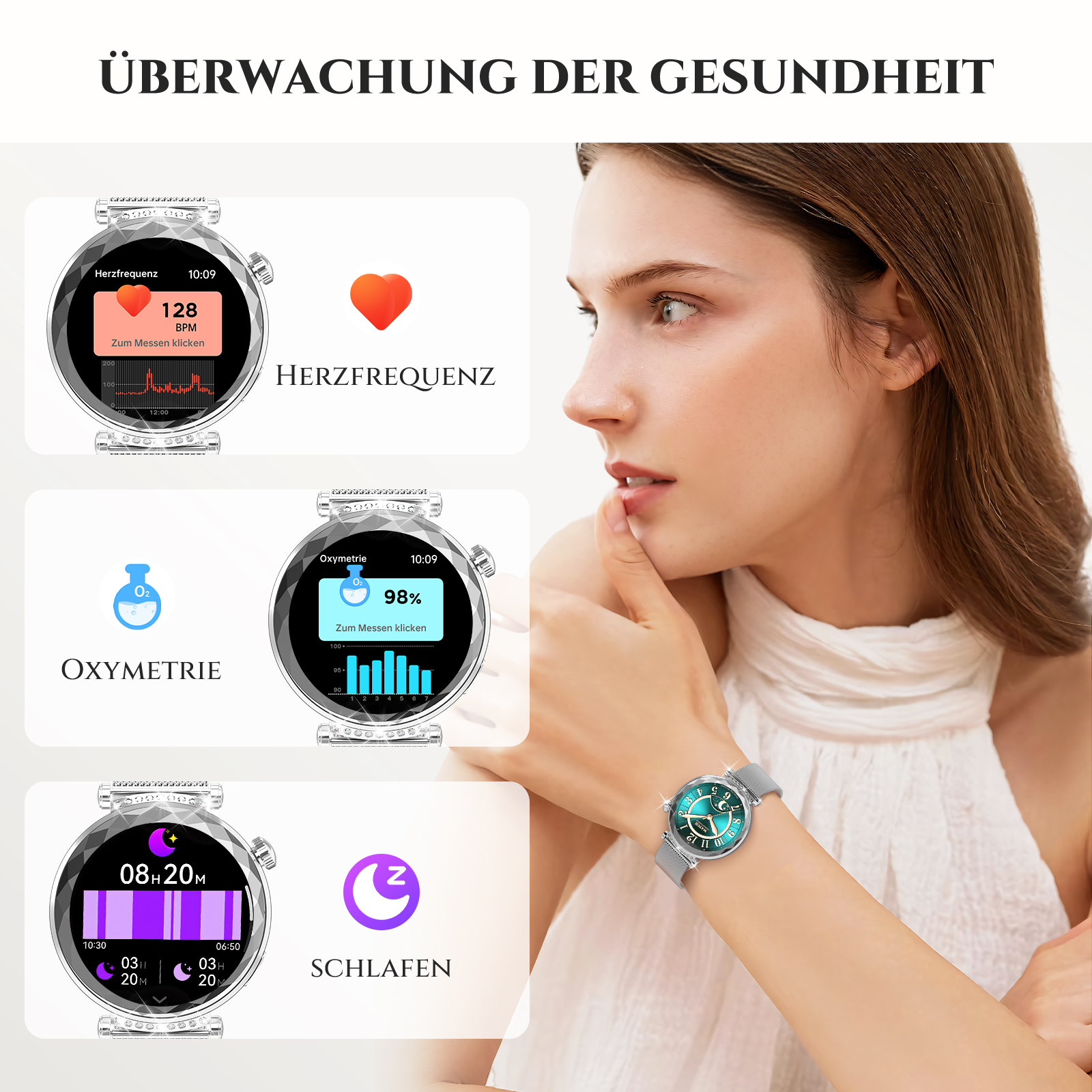 Eine Frau, die eine Smartwatch trägt, auf deren Bildschirm Gesundheitsdaten angezeigt werden. Verschiedene Bildschirme werden gezeigt.