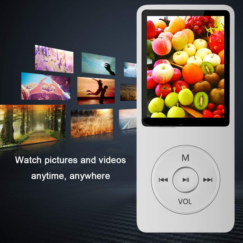 Ein weißer MP3-Player mit einem Bildschirm, der Bilder und Videos zeigt. Mehrere Bilder werden angezeigt.